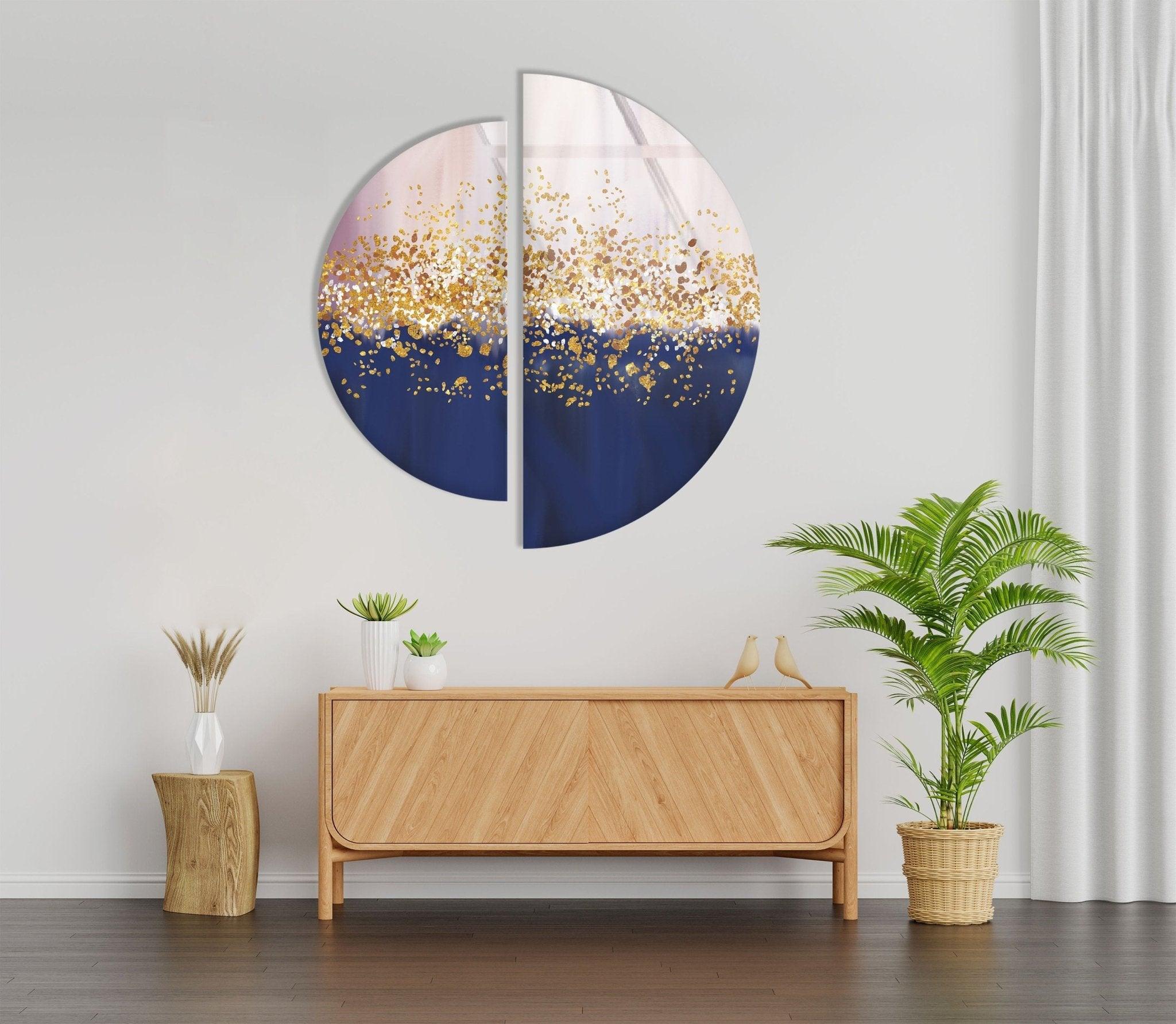2 Piece Golden Abstract Glass Wall Art Set - Modern Home Decor for Living Room, Bedroom & Office - Elegant Handmade Glass Panel Artwork for Stylish Interior Design