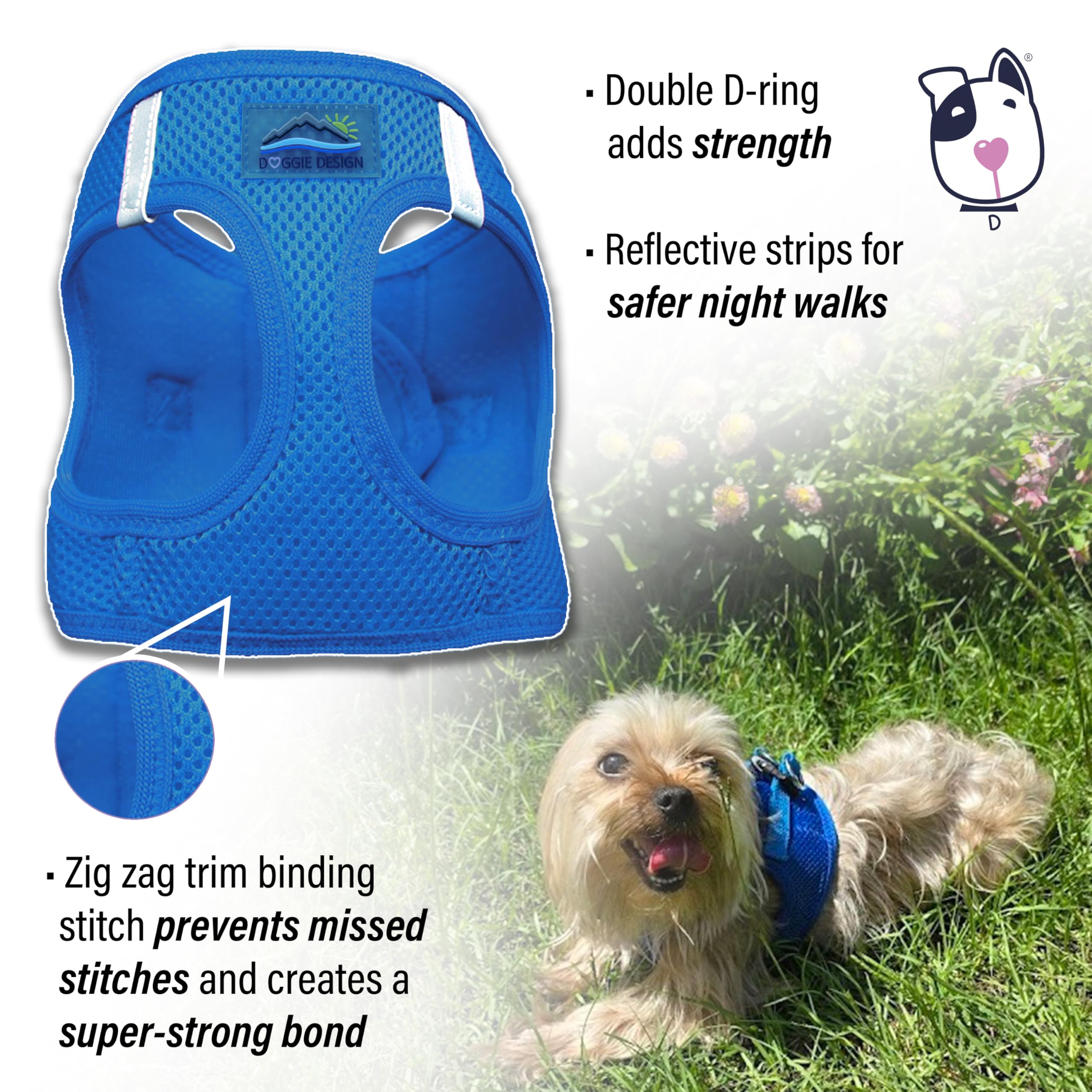 Doggie Design No-Choke Dog Harness - Breathable Mesh Polyester Pet Vest with Easy Step-in Design | Comfortable & Adjustable Dog Harness for Walking & Training (Cobalt Blue, Medium) - Perfect for Daily Walks, Hiking & Outdoor Adventures