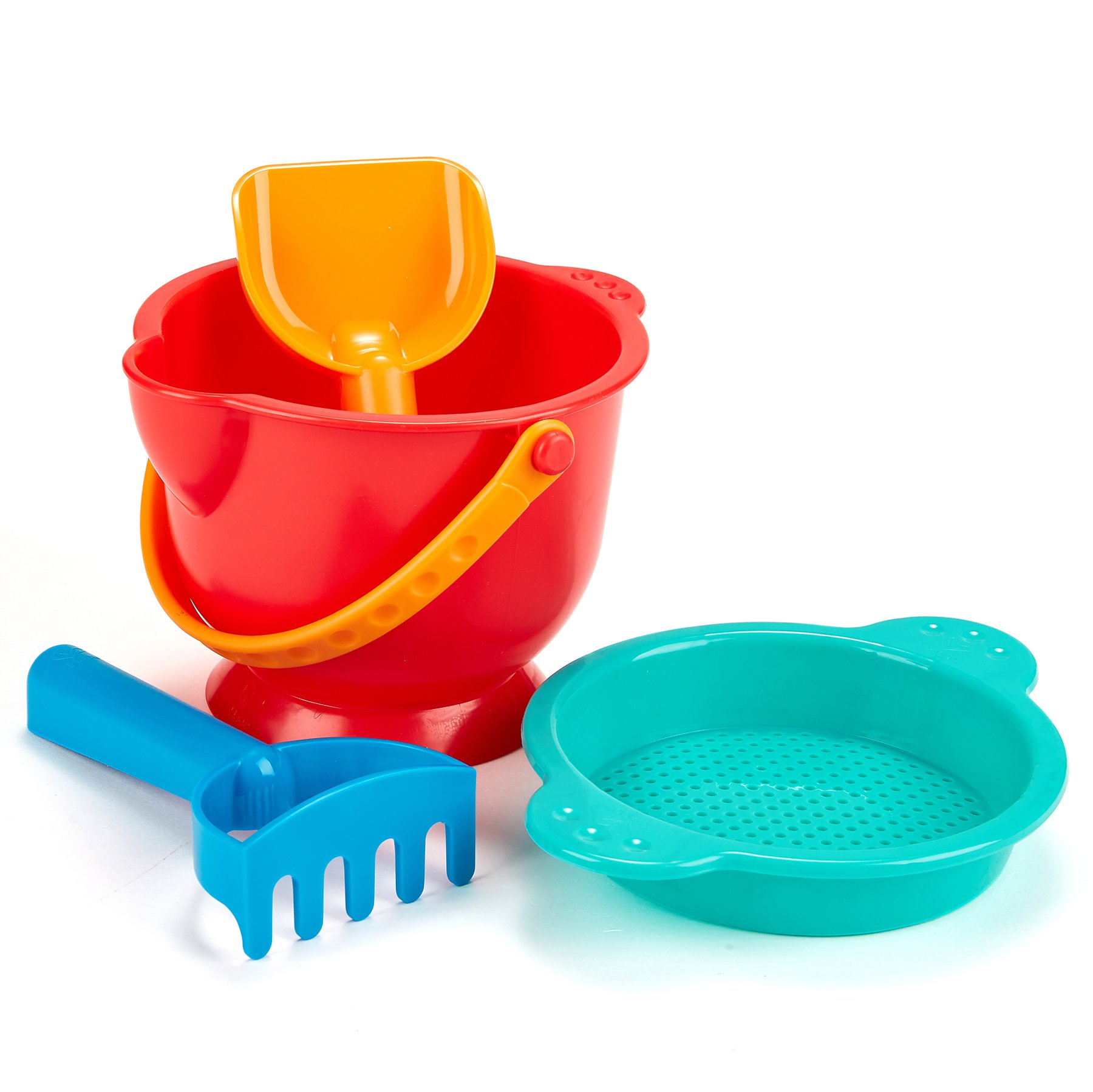 Hape Beach Essentials Sand Toy Set with Bucket, Sifter, Rake & Shovel | Toddler Sand Play Kit for Kids 18+ Months | Perfect for Beach, Sandbox & Outdoor Summer Activities