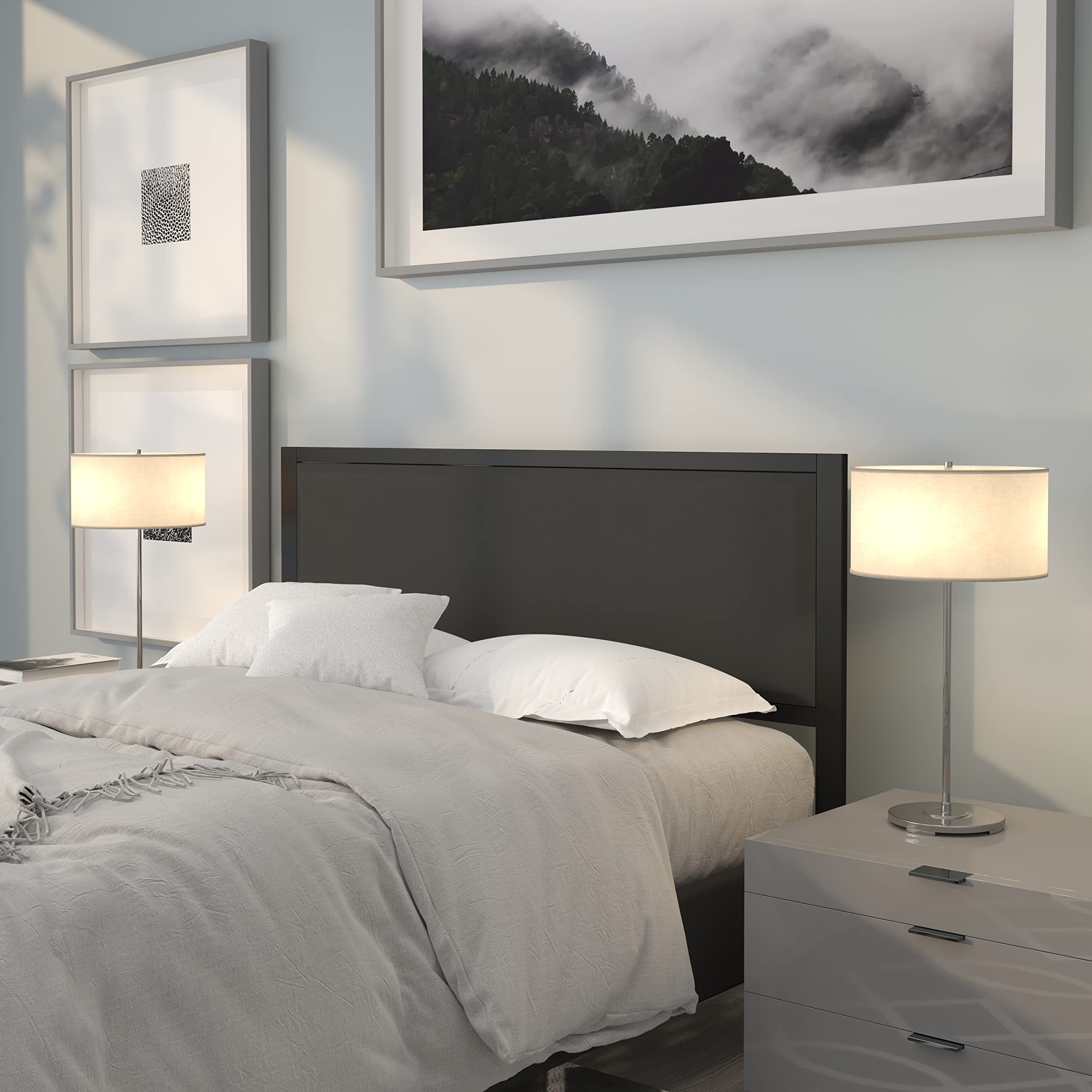 BizChair Queen Size Upholstered Metal Panel Headboard - Black Fabric Bed Frame for Master Bedroom & Guest Room Decor | Modern Bedroom Furniture