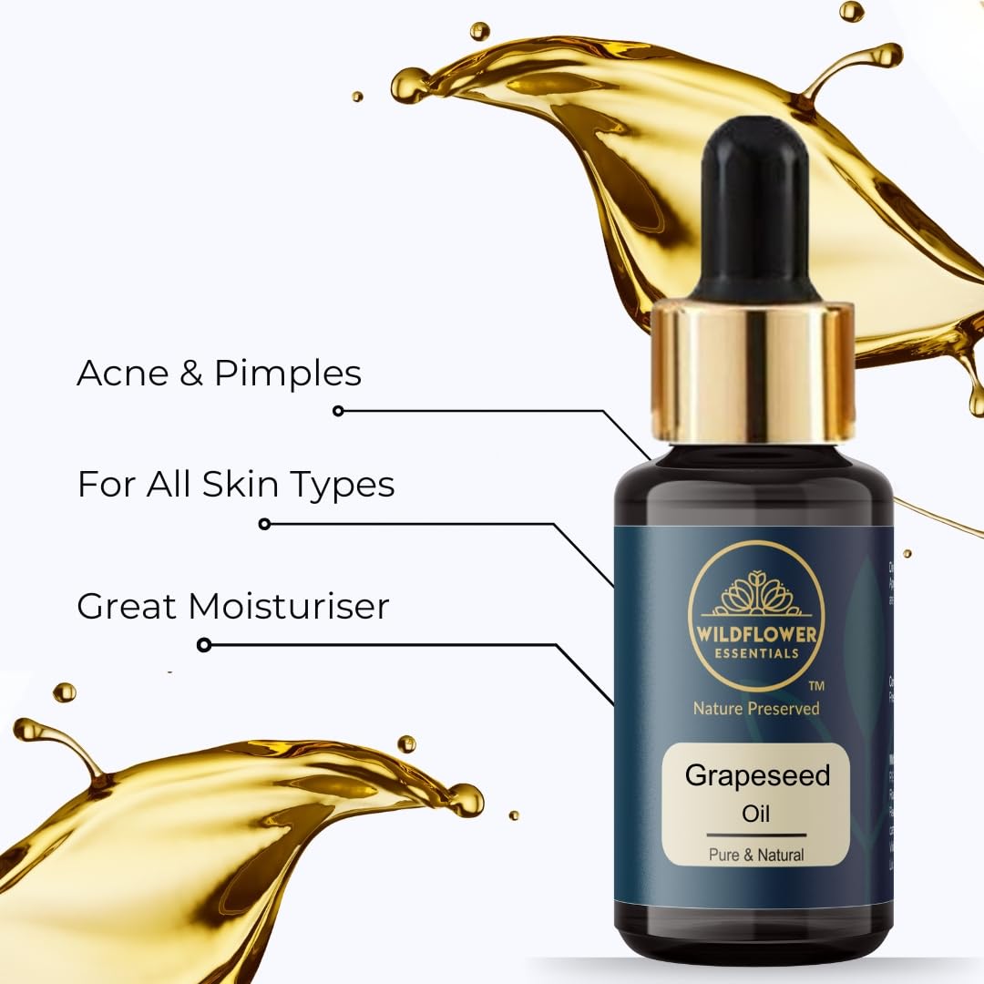 100% Pure & Natural Cold Pressed Grapeseed Oil for Face, Skin & Hair - Lightweight Anti-Aging Carrier Oil | Wildflower Essentials Undiluted 30ml | Perfect for DIY Beauty, Massage & Aromatherapy