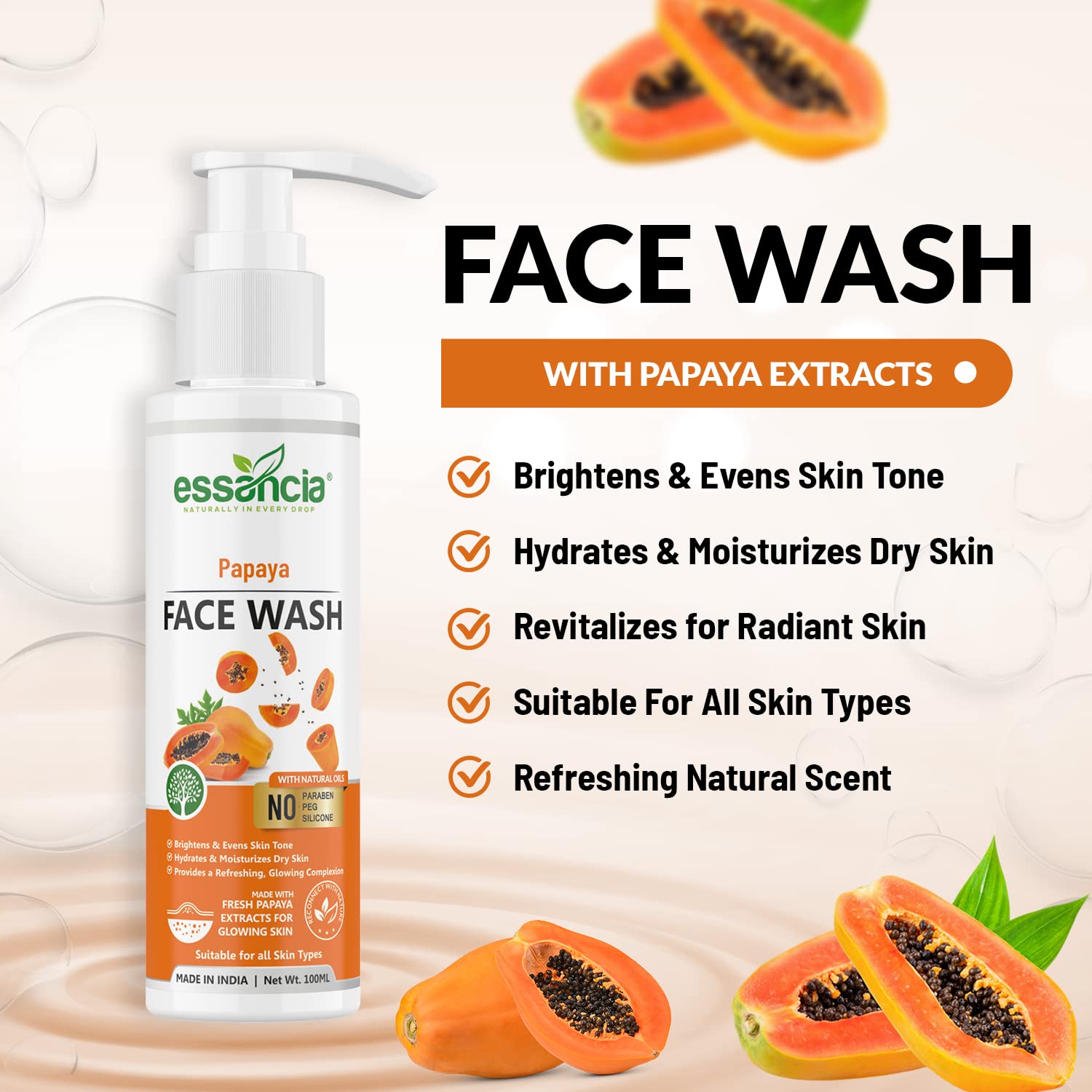 Essencia Papaya Face Wash - Deep Cleansing, Exfoliating & Hydrating Facial Cleanser | Paraben-Free, Silicone-Free | For Men & Women (100ml) | Perfect for Daily Skincare Routine & Acne-Prone Skin