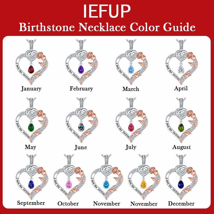 925 Sterling Silver Rose Heart Birthstone Necklace for Women - Personalized 