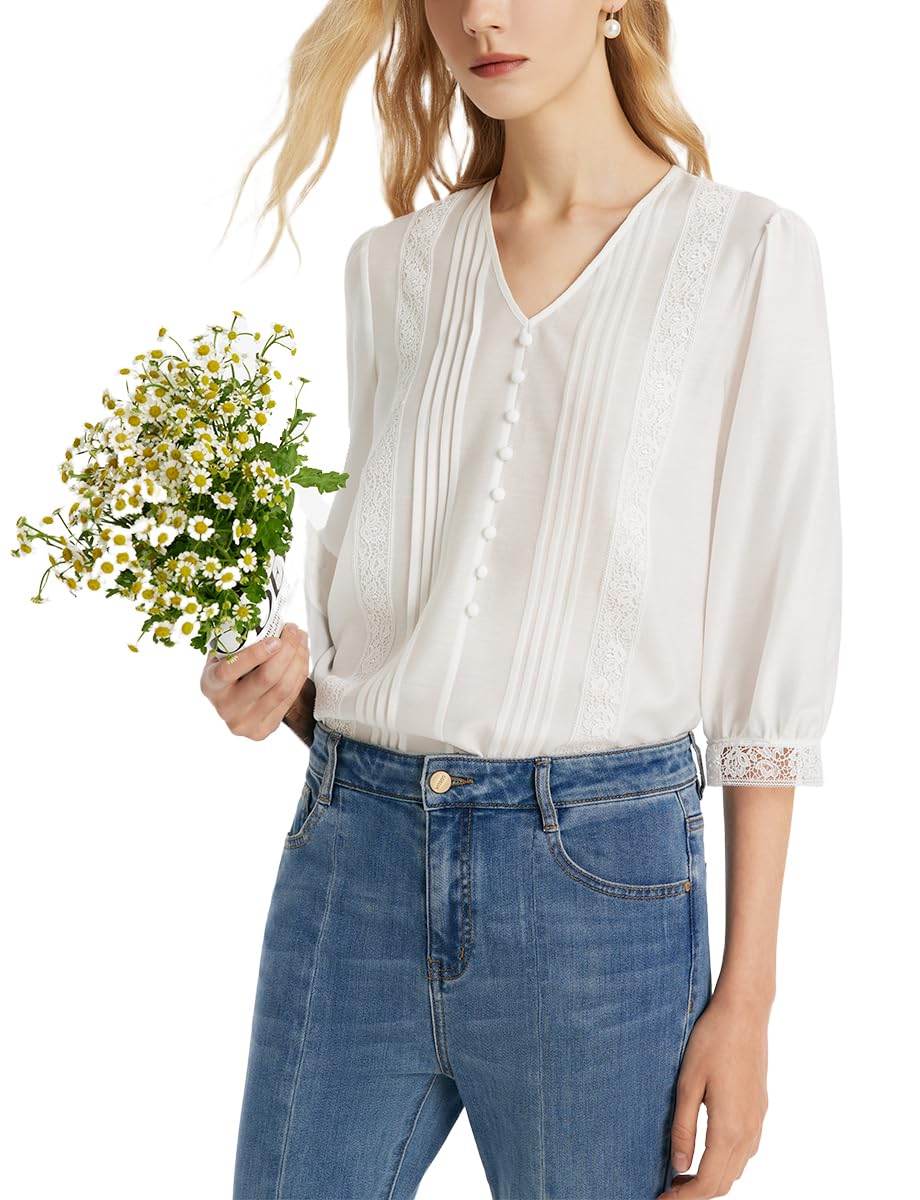 Elegant Women's White Blouse - Acetate Button-Up Lace V-Neck 3/4 Sleeve Top for Spring & Summer | Dressy Casual Shirt for Office, Date Night & Special Occasions