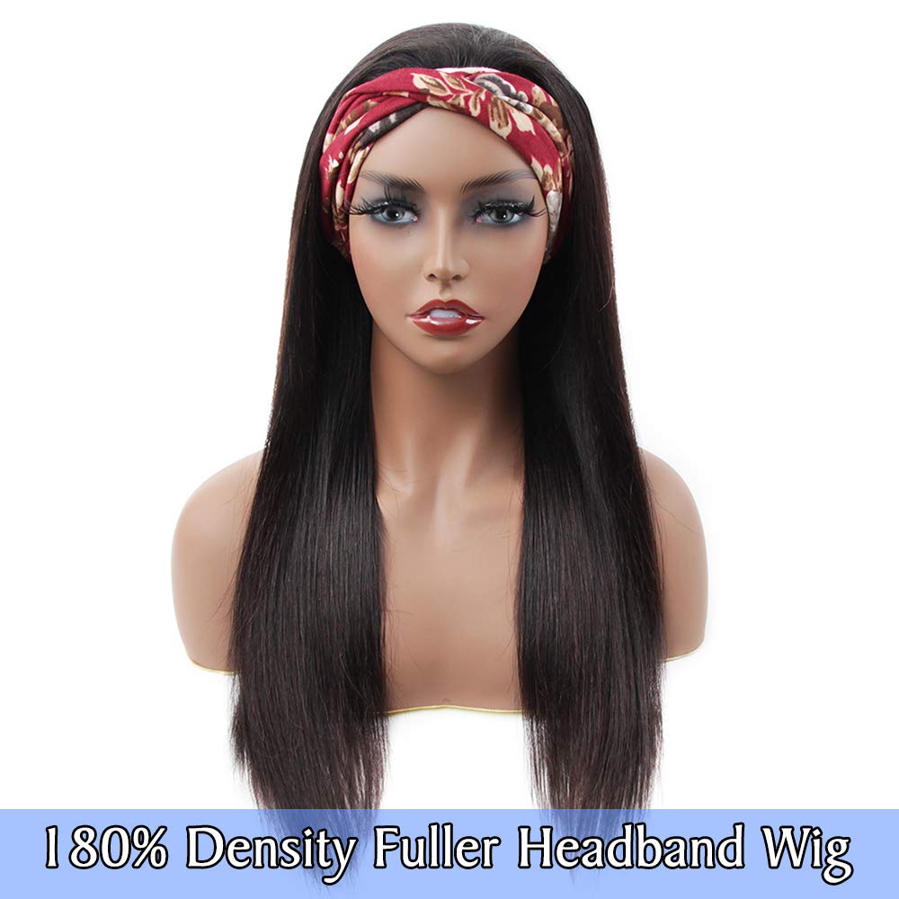 ISEE 10A Headband Wig Straight Human Hair Wigs for Black Women - 180% Density Brazilian Virgin Hair Machine Made Headband Wig, Non Lace Front Human Hair Wigs 24 Inch - Perfect for Daily Wear, Parties, and Special Occasions