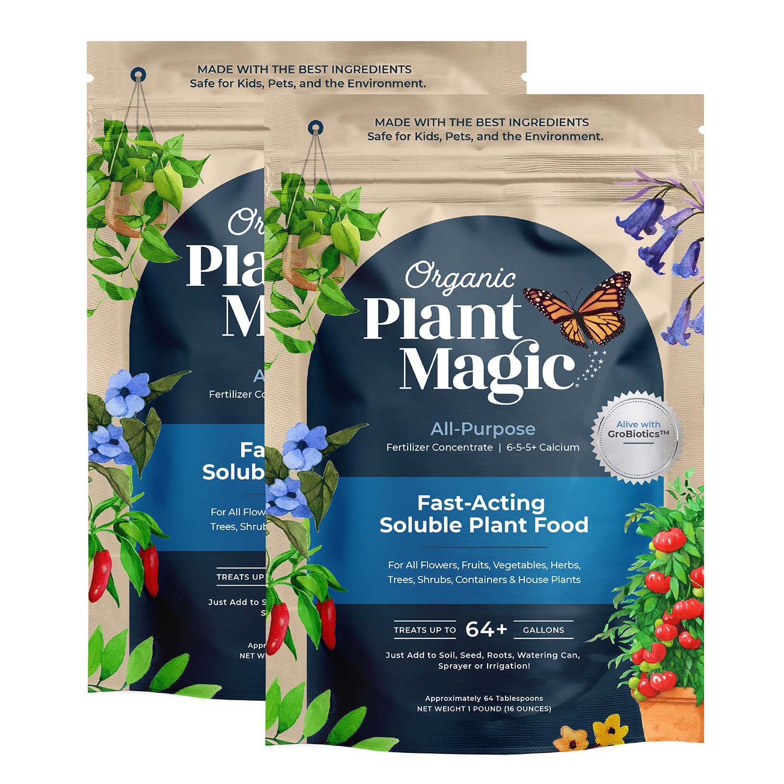 Organic Plant Magic - Truly Organic™ Fast-Acting Soluble Plant Food: All-Purpose Fertilizer Concentrate for Flowers, Vegetables, Herbs, Fruits, Trees & Shrubs - Ideal for Container Gardens, Houseplants & Indoor/Outdoor Use [Two 1 lb Bags] - Perfect for Boosting Growth in Home Gardens, Greenhouses & Urban Farming