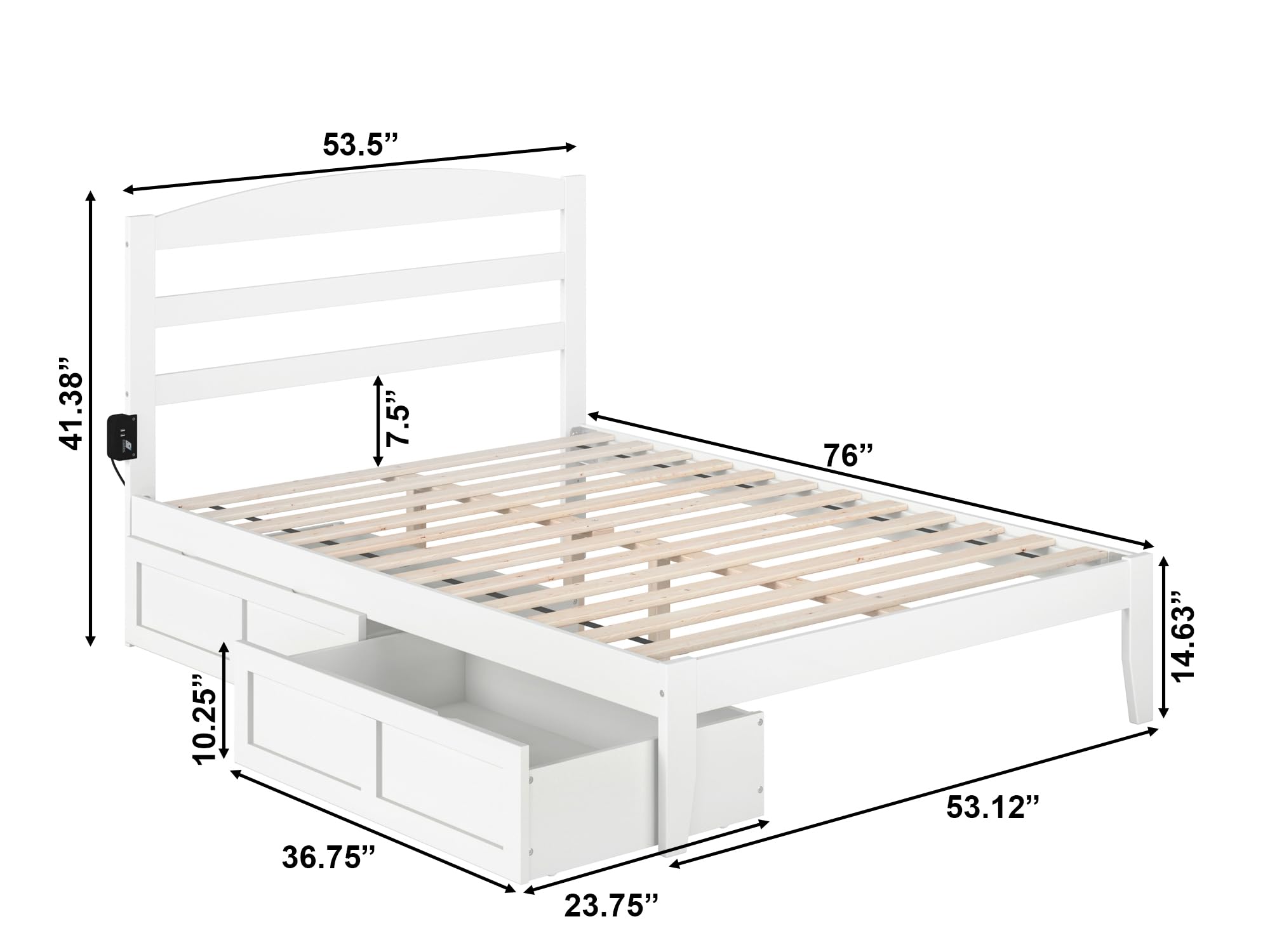 AFI Warren Full Size Platform Bed Frame with Storage Drawers (Set of 2) & Built-in USB Charging Ports - White Modern Bedroom Furniture for Small Spaces & Studio Apartments