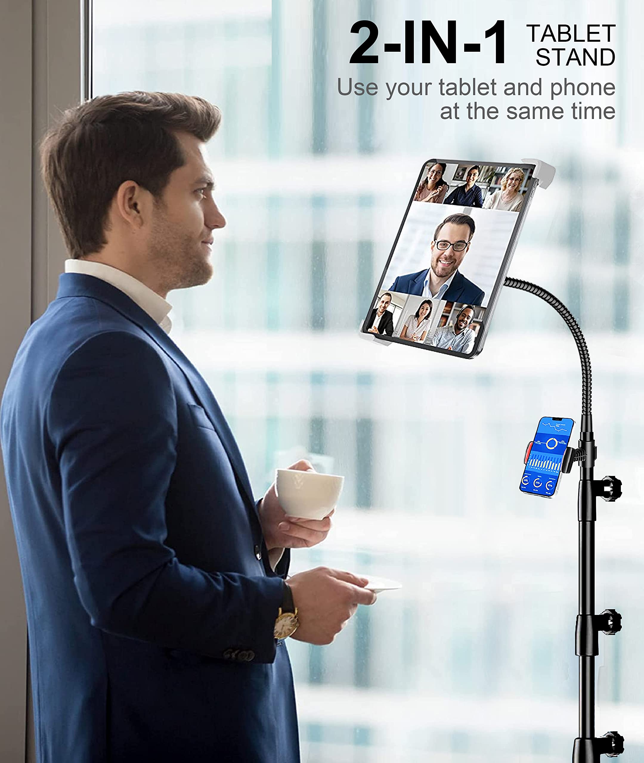 Adjustable Metal Gooseneck iPad Tripod Stand with 2 Holders - Compatible with iPad Pro 12.9, iPad Air, iPad Mini, Samsung Galaxy Tab & All 9.7-15 inch Tablets/Phones - Perfect for Home Office, Video Calls, Reading & Photography