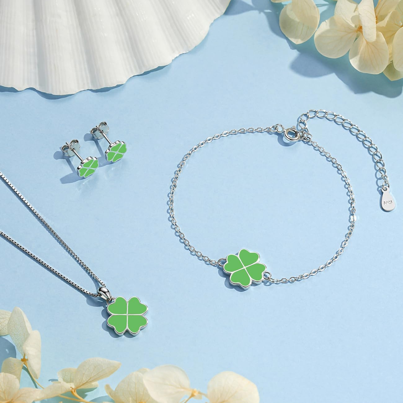 Cangall 3PCS 925 Sterling Silver Four Leaf Clover Jewelry Set - Lucky Love Shamrock Necklace, Bracelet & Earrings for Women | Perfect Gift for Birthday, Christmas, Anniversary & Everyday Wear