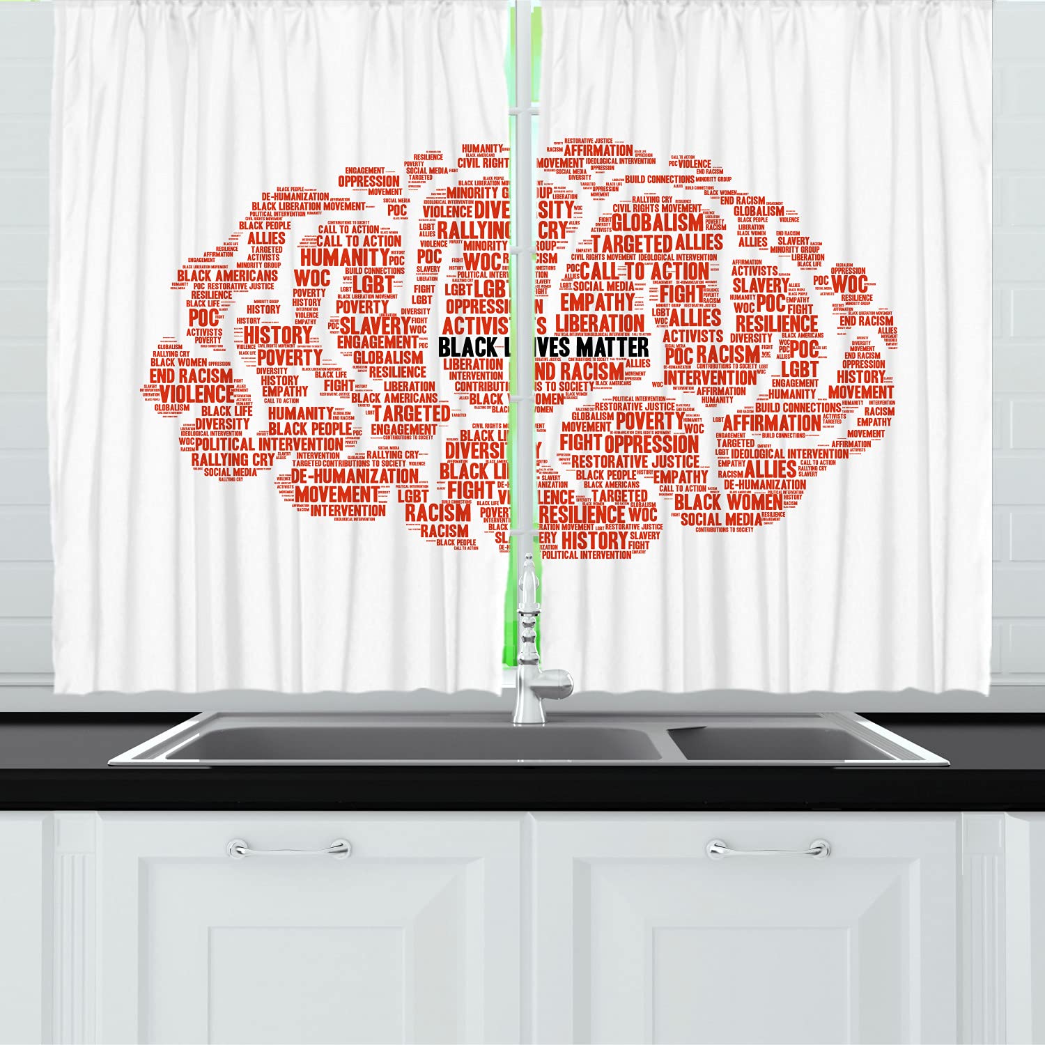 Ambesonne Black Lives Matter Long Kitchen Curtains - Activism Lettering Art Brain Design, 2 Panel Rod Pocket Drapes for Windows (55x45 Inch) - Burnt Orange & White - Perfect for Living Room, Bedroom & Social Justice Themed Decor