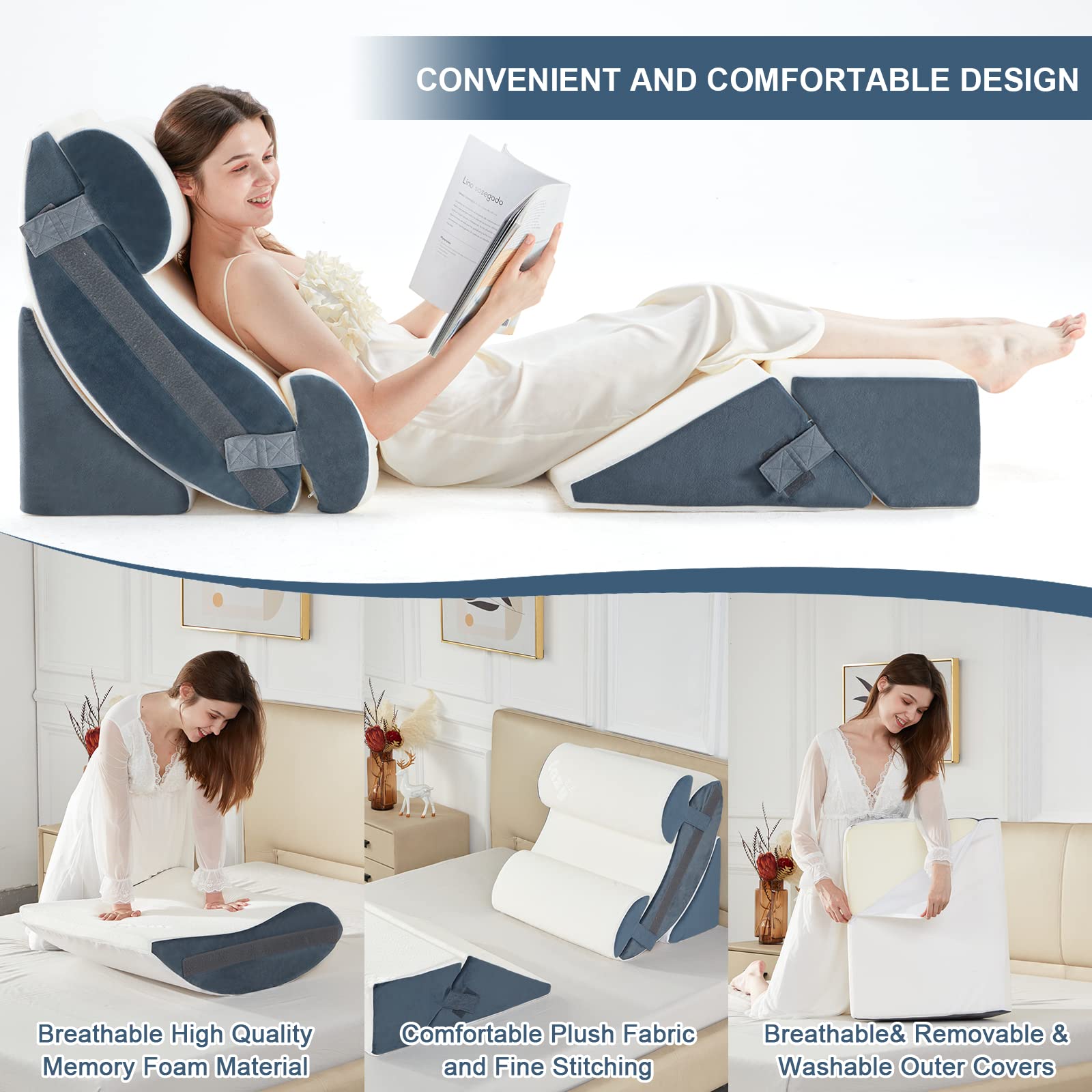 6-Piece Orthopedic Bed Wedge Pillow Set - Memory Foam Support for Back, Knee & Lumbar Pain Relief - Adjustable Anti-Snoring & Acid Reflux Pillow for GERD - Grey (Perfect for Sleeping, Post-Surgery Recovery & Reading in Bed)