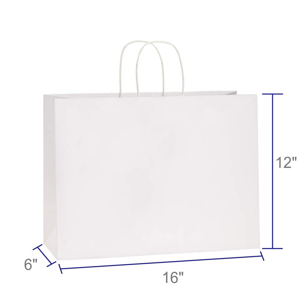 50-Pack White Kraft Paper Bags with Handles - 16x6x12 Inches Bulk Gift Bags, Shopping Bags, Grocery Bags, Merchandise Bags | Eco-Friendly, 100% Recyclable | Perfect for Parties, Retail Packaging & Eco-Conscious Shopping