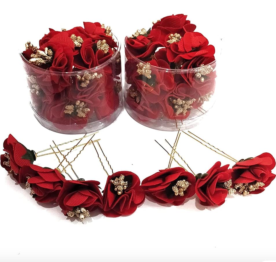12pcs U-Shape Bridal Hair Pins with Crystal & Red Roses - Floral Wedding Hair Jewelry for Women & Girls - Perfect for Bridal Updos, Prom, and Special Occasions
