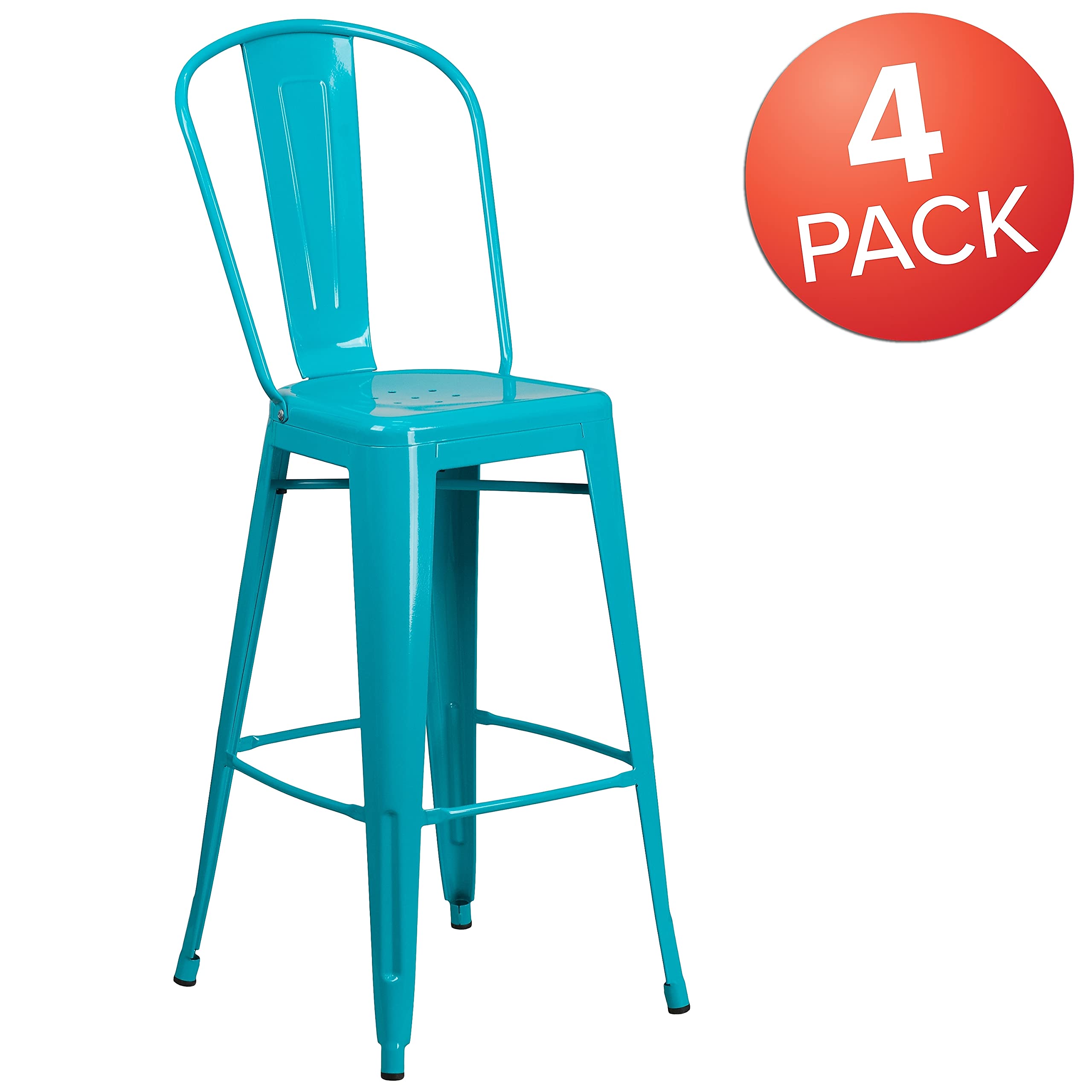 Flash Furniture High Crystal Blue Metal Bar Stools with Backrest - Indoor/Outdoor Counter Height Stools, Set of 4 - Perfect for Kitchen Islands, Patio Bars & Game Rooms