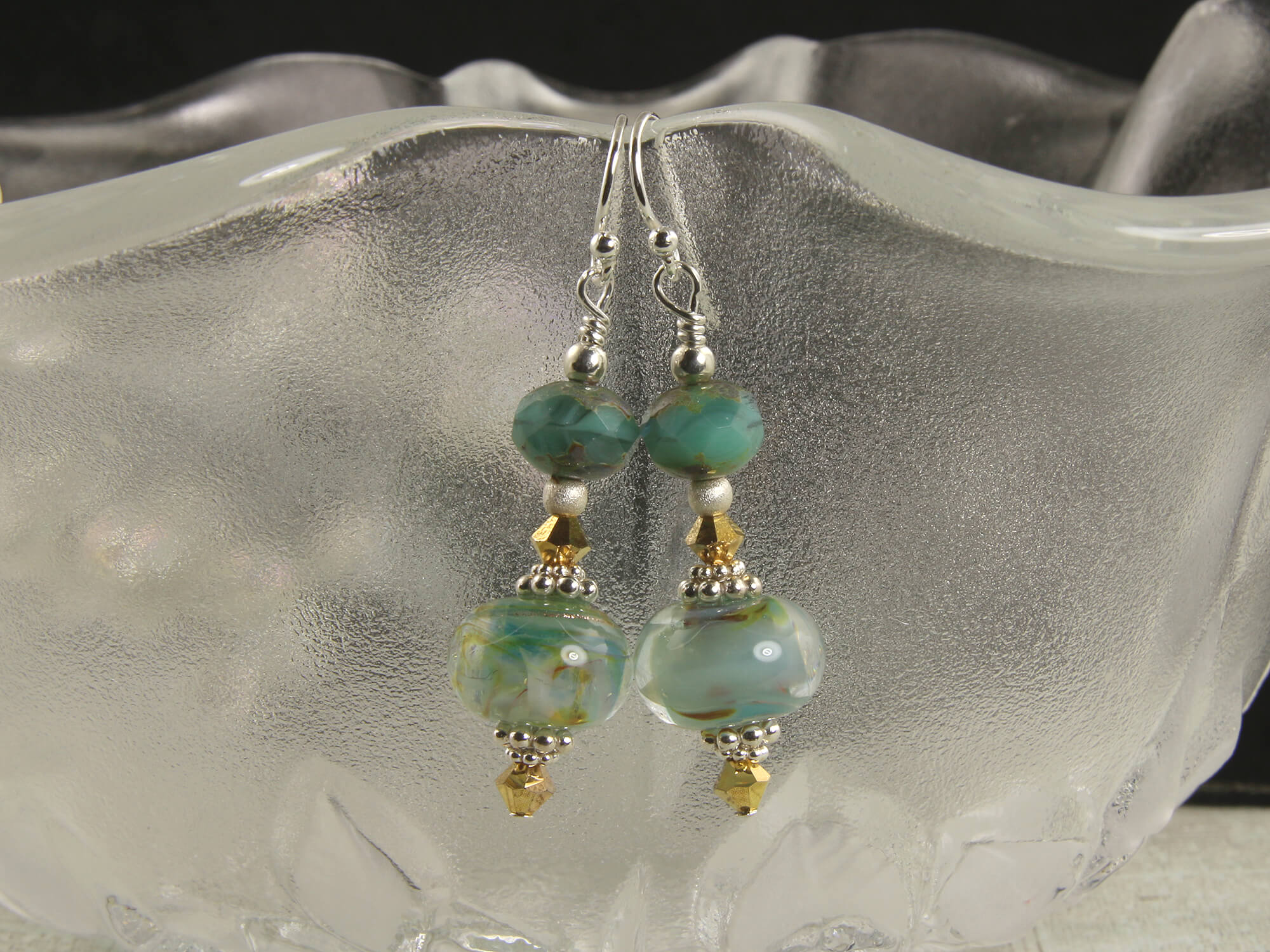 Aqua Gold Swirls Lampwork Glass Earrings - Handmade Boho Dangle Earrings for Women - Perfect for Parties, Weddings & Everyday Wear