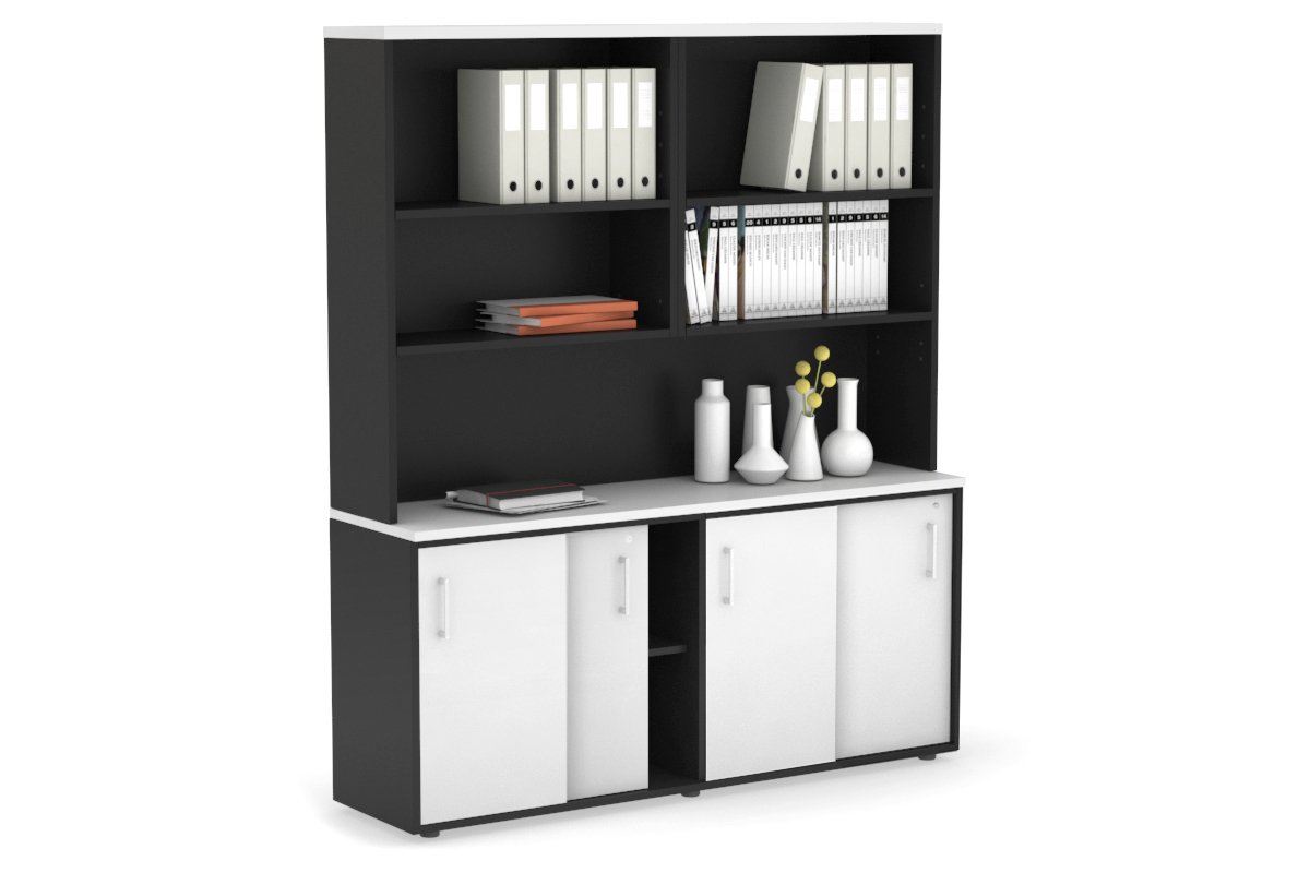 Modern White Sliding Door Credenza with Open Hutch - 1600W x 750H x 450D - Perfect for Home Office, Living Room & Bedroom Storage Organization