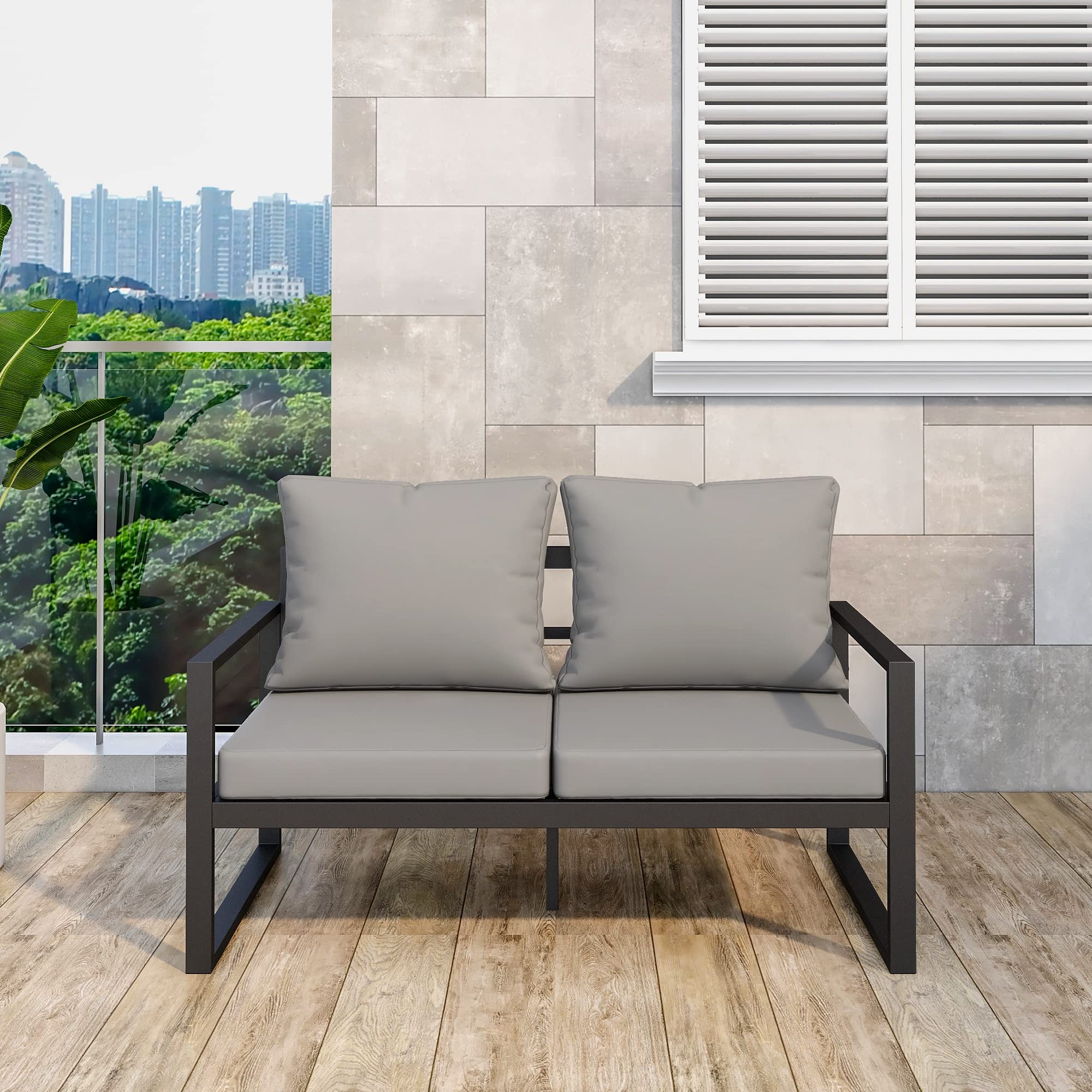 HOJINLINERO 2-Seater All-Weather Metal Loveseat with Cushions - Contemporary Outdoor Sofa Set in Black & Dark Grey - Perfect for Patio, Garden, Poolside & Backyard Conversations