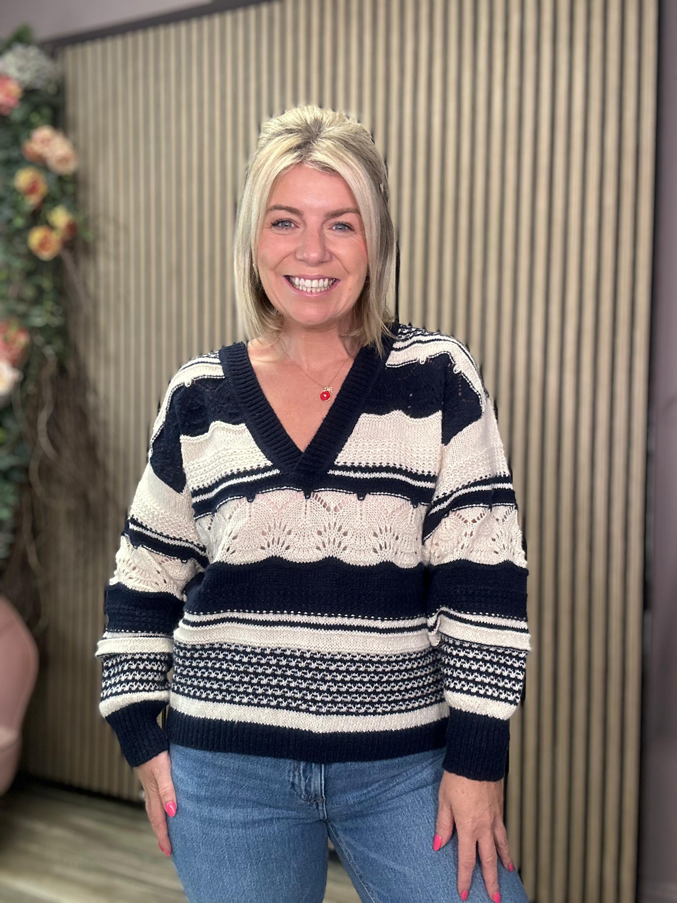 Ash V Neck Jumper (Total Eclipse Strip) - Women's Stylish Knit Sweater for Casual Wear & Fall Fashion