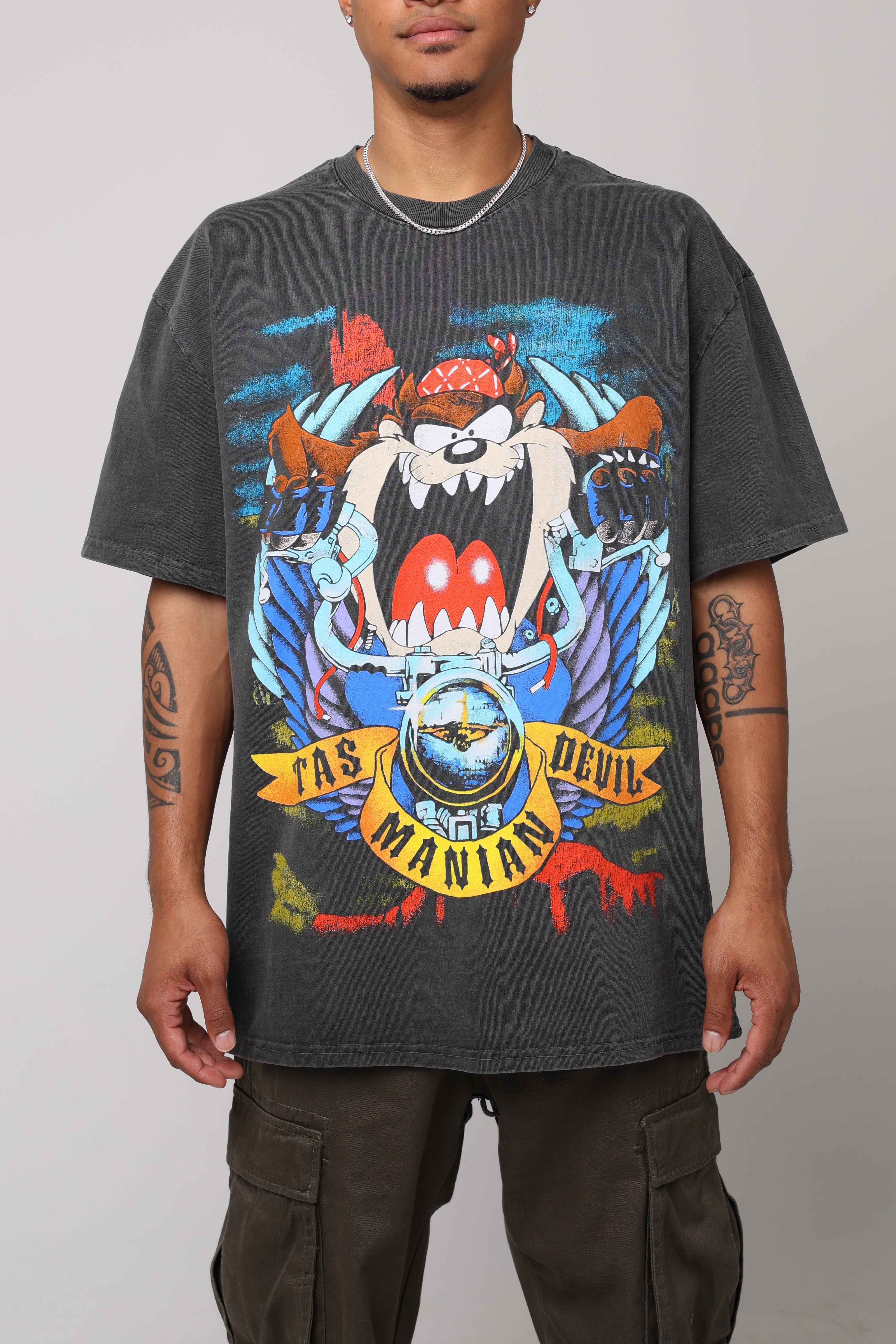 Vintage Looney Tunes Taz Motorcycle Graphic T-Shirt - American Thrift Heavyweight Black Wash Tee for Men | Casual Wear, Biker Style, Retro Fashion