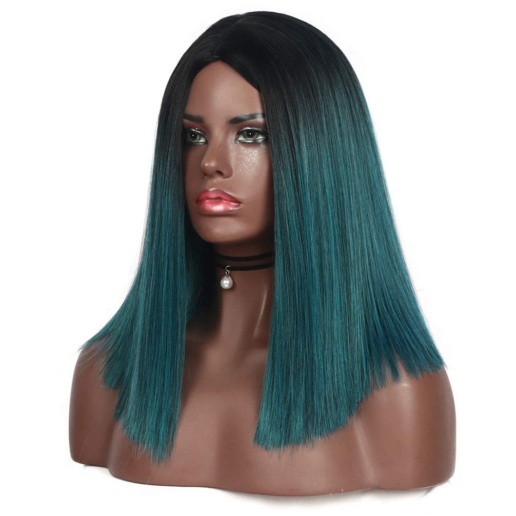 Chisu Synthetic Wigs for Women - Glueless Ombre Short Bob Wig, Straight Middle Part 14 Inch, 1B/Blue-Green Color - Perfect for Cosplay, Daily Wear & Costume Parties