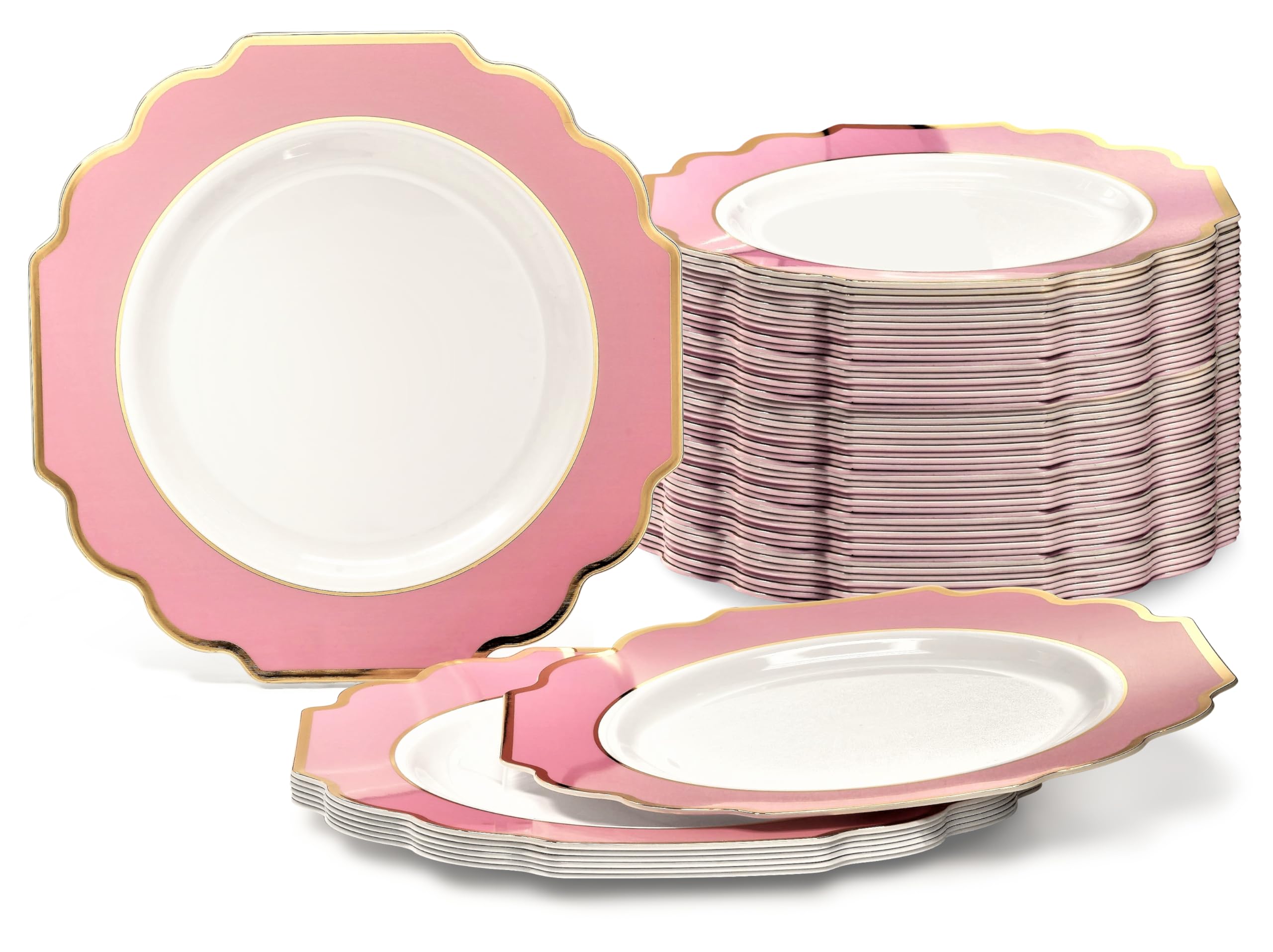 240-Pack Heavyweight Disposable Plastic Plates - 8'' Appetizer & Dessert Plates for Weddings, Parties & Events | Elegant White, Light Pink & Gold Imperial Design | Perfect for Catering, Birthday Celebrations & Formal Dinners