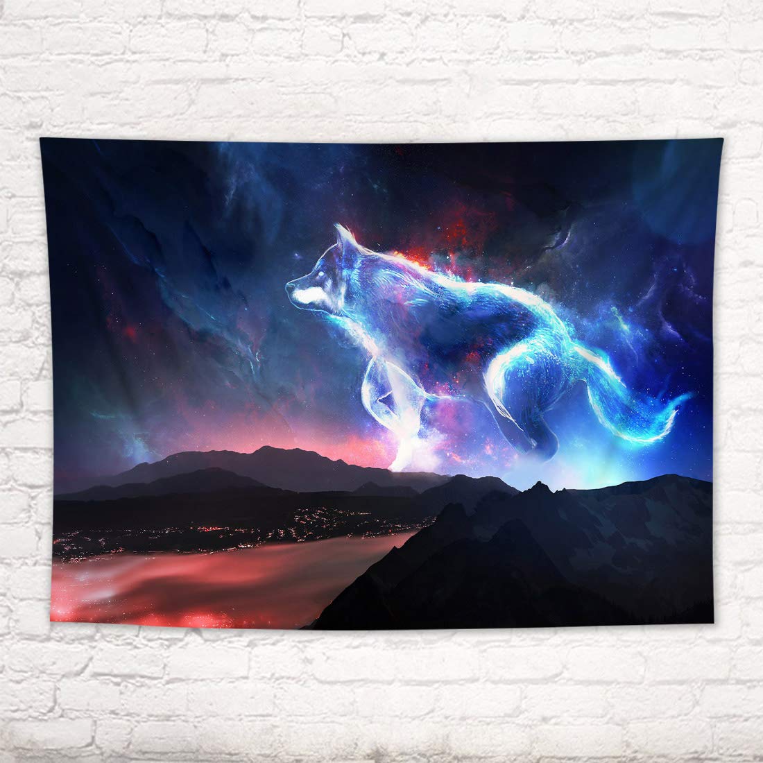 HVEST Trippy Space Wolf Tapestry - Hippie Wolf Running in Starry Sky with Abstract Mountains - 59x51 Inches Wall Hanging for Bedroom, Living Room, Teen Dorm, Indie Decor, Festival, Yoga Studio, Meditation Room