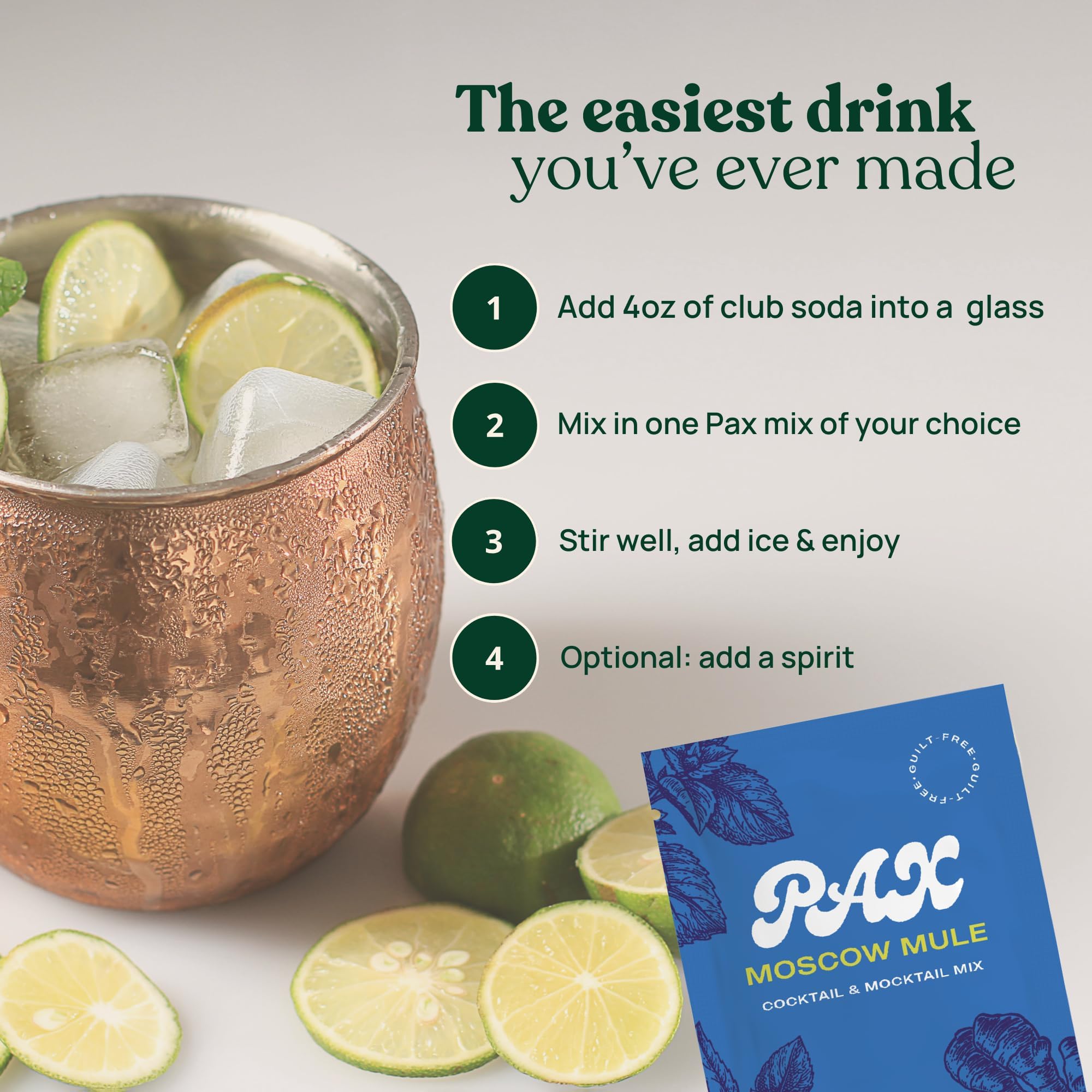 PAX Moscow Mule Cocktail & Mocktail Mixers - 12 Pack Natural Zero Calorie Electrolyte Drink Mix - Sugar Free, Gluten Free Skinny Cocktail Mix for Parties, Home Bars & Outdoor Events