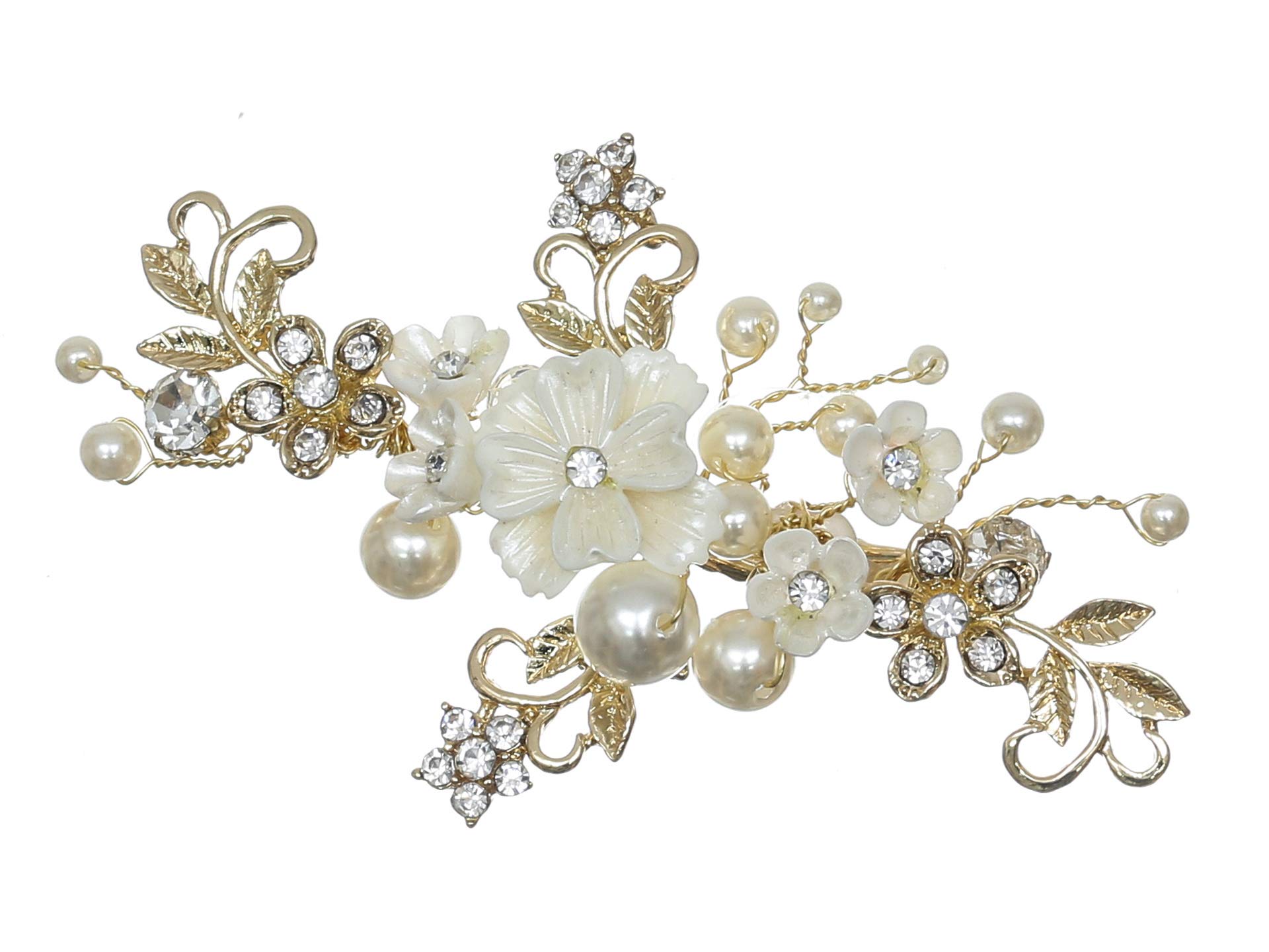 SAMKY Handmade White Pearl Crystal Flower Hair Clips for Women - Gold T1213 | Elegant Bridal Hair Accessories, Prom, Wedding & Party Hair Jewelry