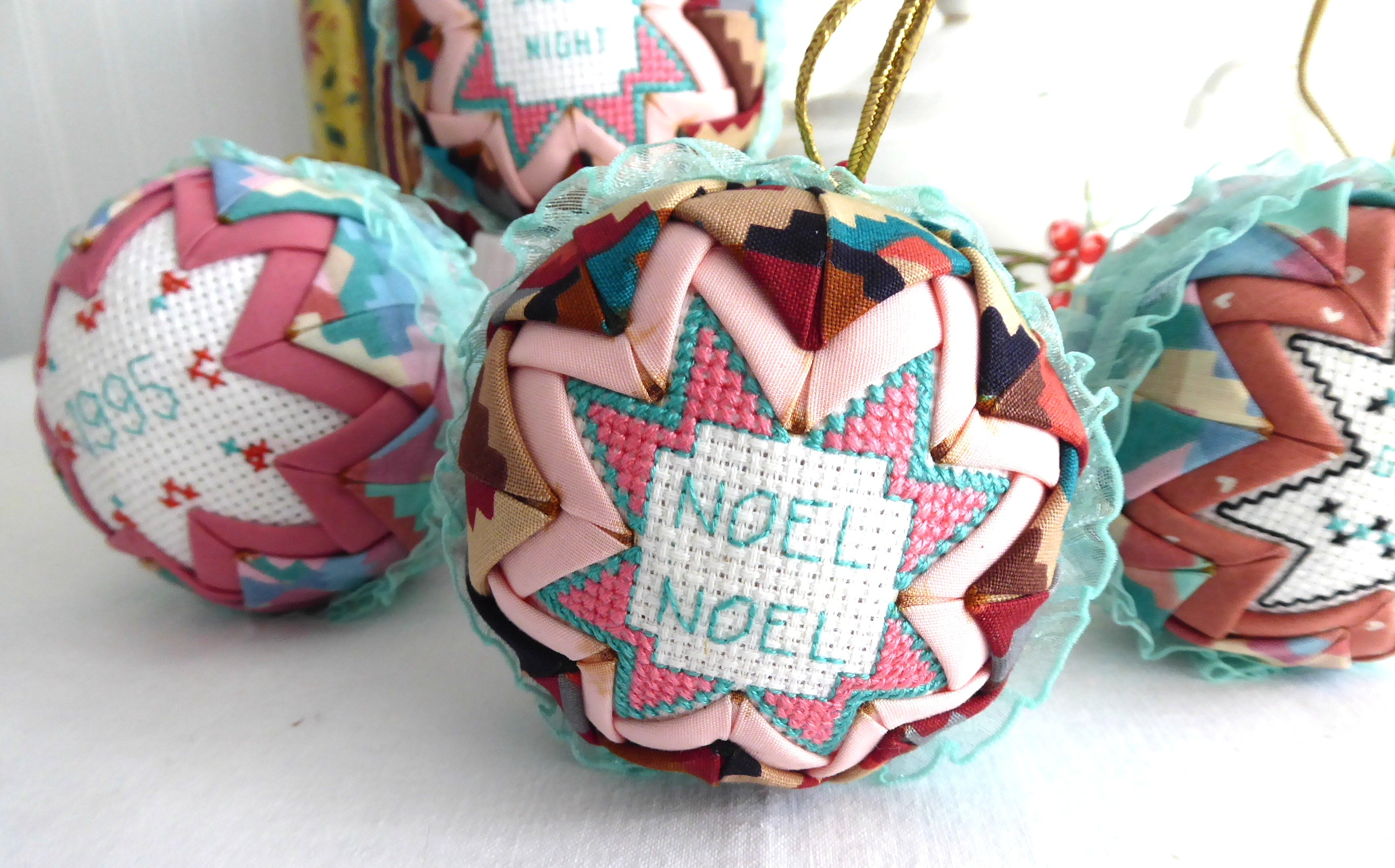 Handmade Cross Stitch Christmas Ornaments Set of 5 - Aqua, Salmon Pink & Burgundy Patchwork Decorations for Holiday Tree, Gift Giving & Festive Home Decor