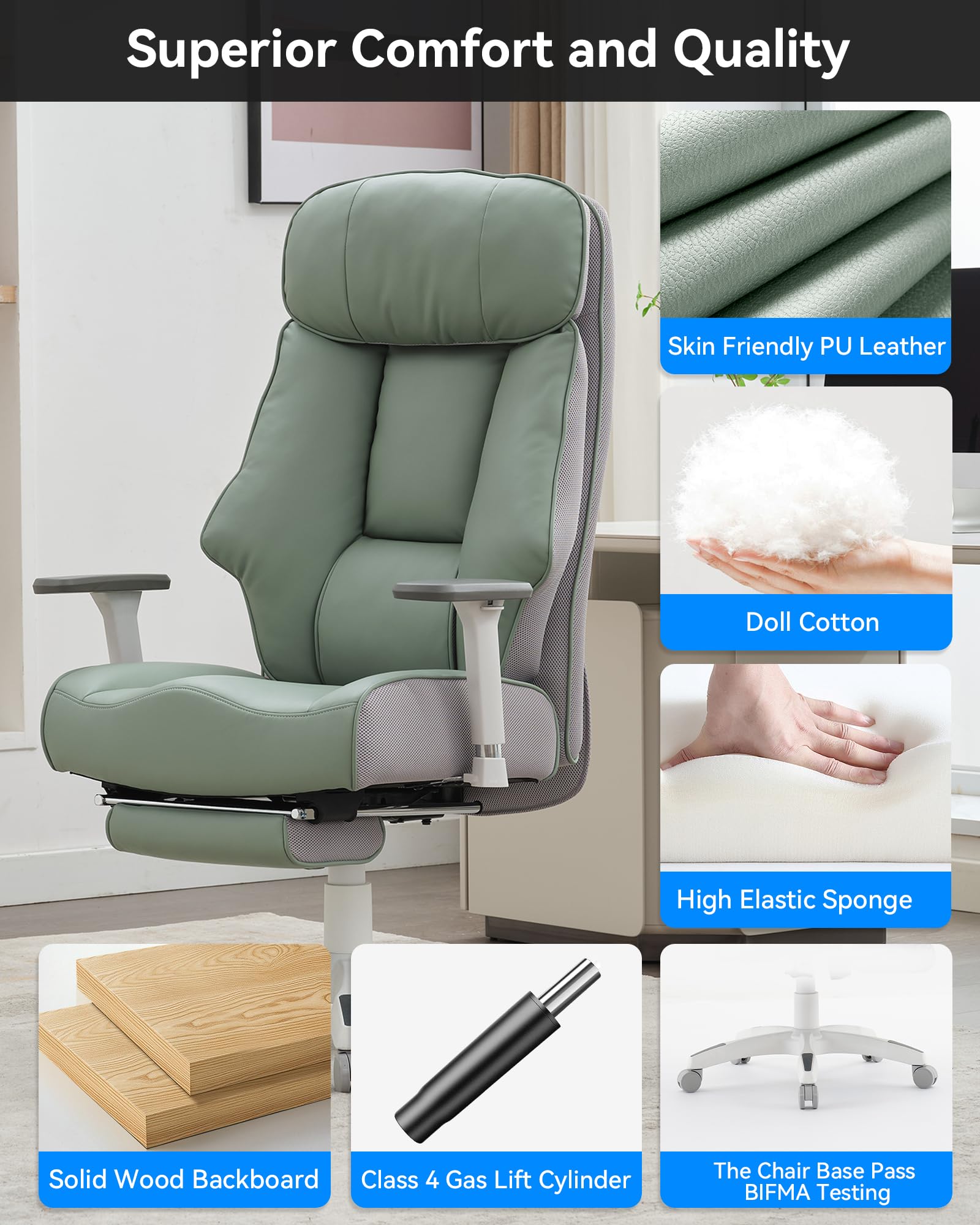 Premium Big and Tall Executive Office Chair 400lbs Capacity - High Back Support with Adjustable Footrest - Oversized Leather Chair for Heavy People (Green) - Ideal for Home Office, Gaming, and Workspace Comfort