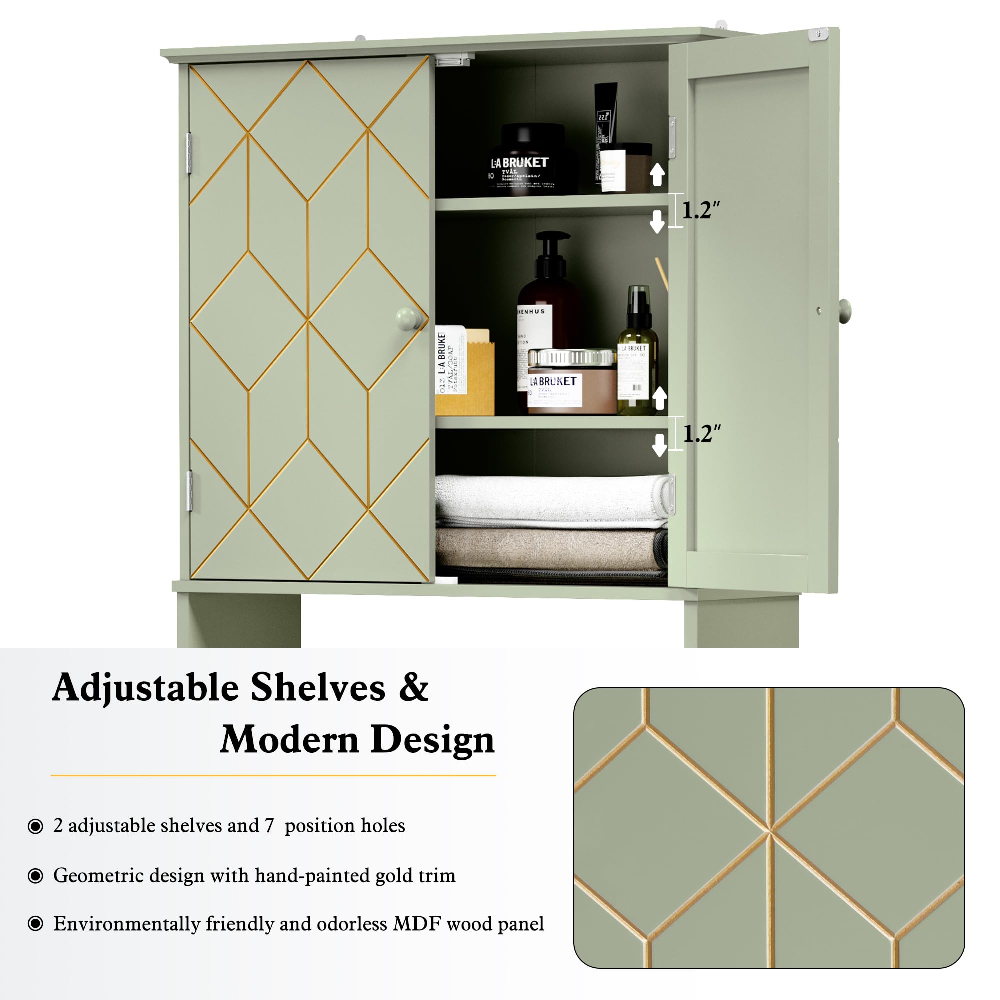Modern Over The Toilet Storage Cabinet with Gold Trim - Adjustable Shelves & Toilet Paper Holder - Bathroom Organizer for Small Spaces (Green) - Perfect for Apartment, Dorm & Compact Bathrooms