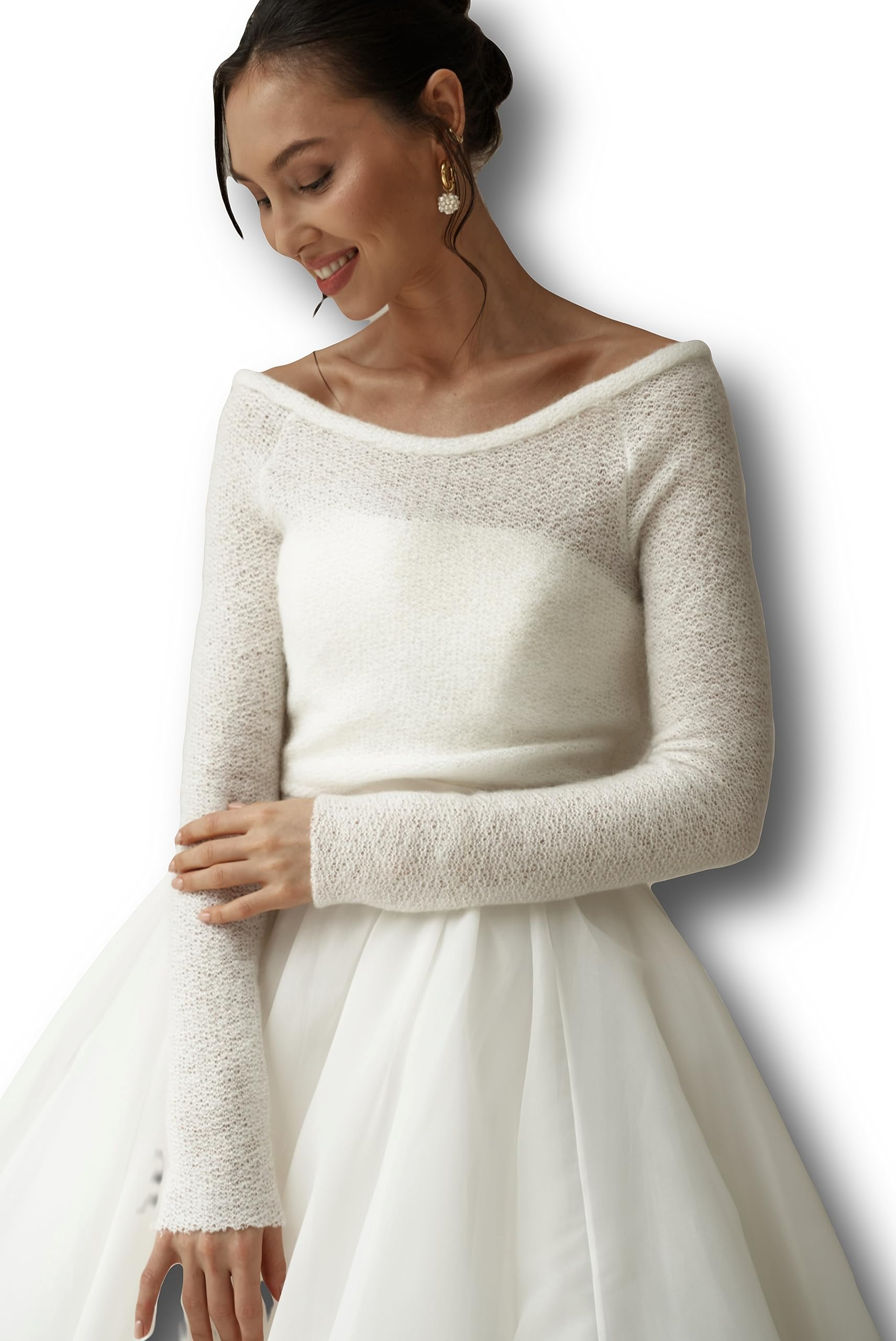Ivory Mohair Bridal Bolero Sweater - Cozy Knitted Pullover for Wedding Dresses, Warm Shawl Top for Brides (Size L) | Perfect for Winter Weddings, Church Ceremonies & Outdoor Photo Shoots