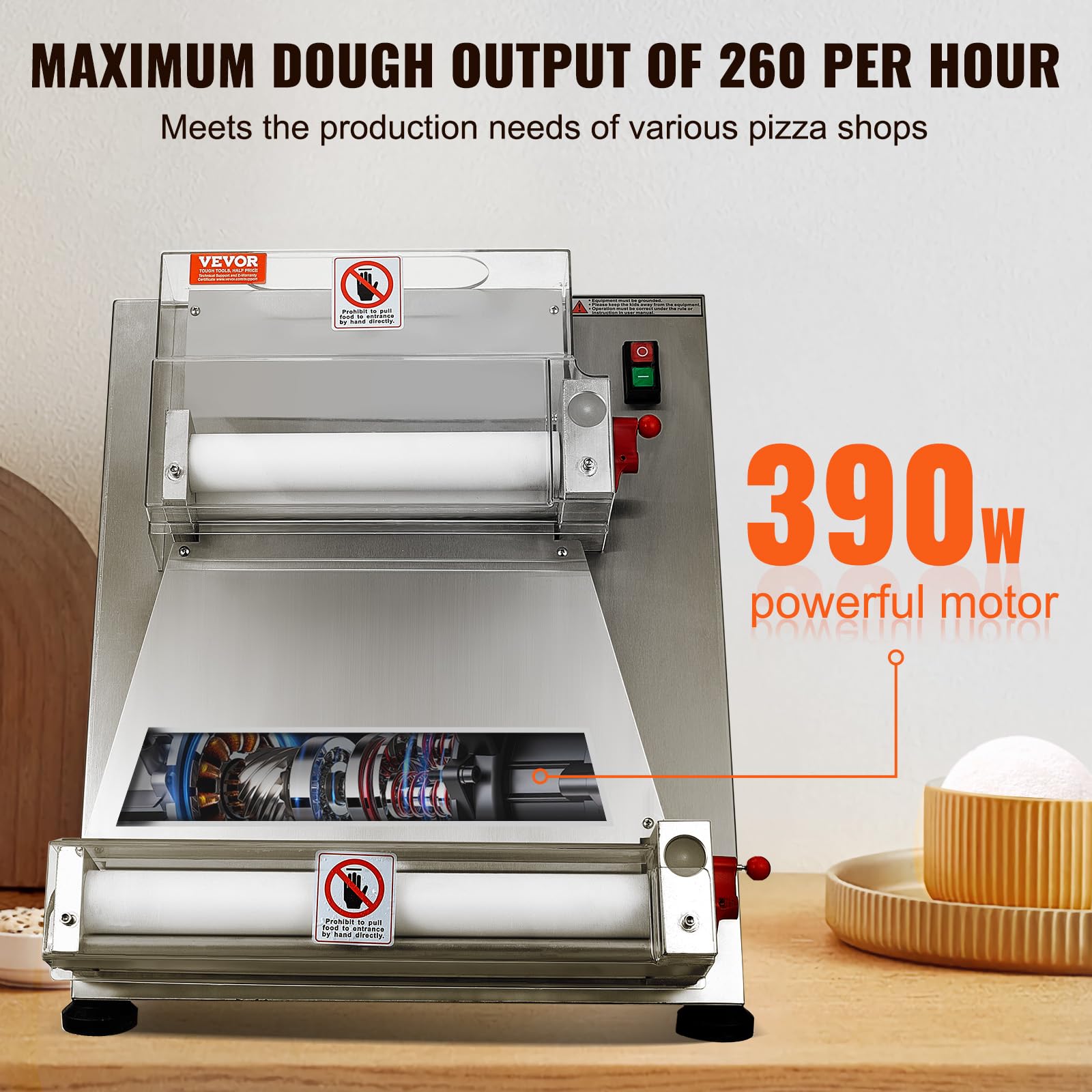 VEVOR Commercial Electric Pizza Dough Roller Sheeter Machine - 390W Stainless Steel Automatic Dough Press (3-15 Inch Adjustable Thickness, 260 Pizzas/Hour) - Perfect for Pizzerias, Bakeries & Italian Restaurants