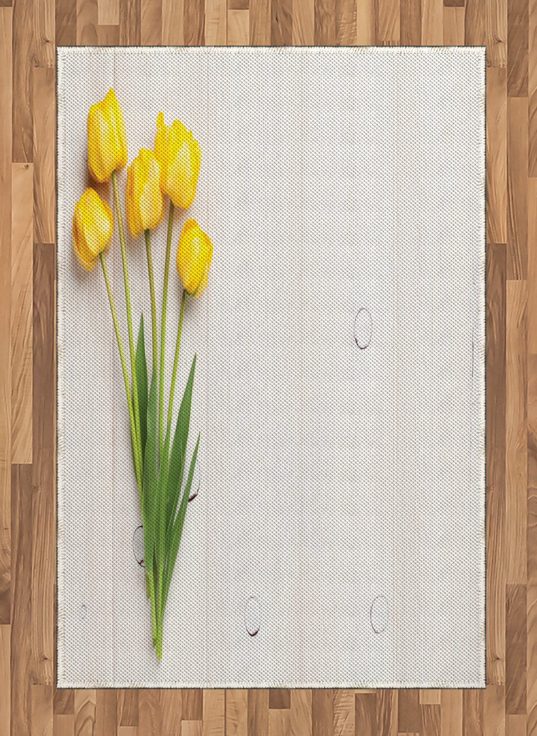 Ambesonne Yellow Area Rug - Colorful Tulips on Rustic White Wooden Board, Spring Themed Flat Woven Accent Rug 4'x5'7