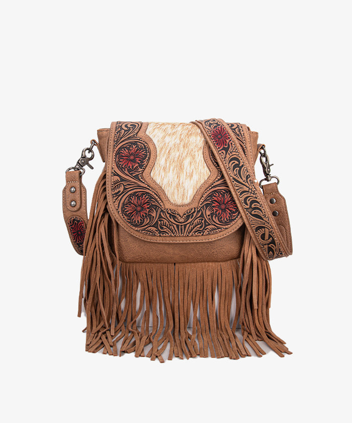 Genuine Hair-On Cowhide Crossbody Bag with Tooled Fringe - Trinity Ranch Western Style Purse for Women | Perfect for Rodeo, Country Concerts & Boho Fashion