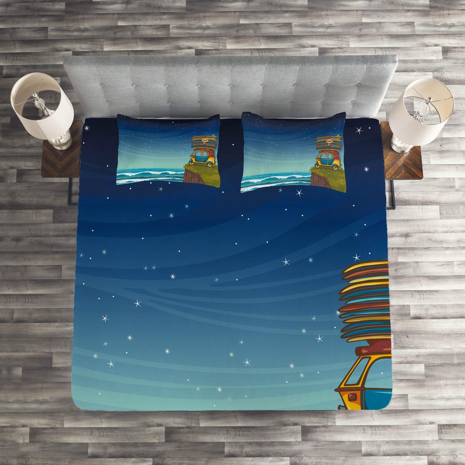 Ambesonne Ocean Themed King Size 3-Piece Quilted Bedspread Set with 2 Pillow Shams - Blue Cartoon Car & Surfboard Design, Summer Beach Waves Illustration for Coastal Bedroom Decor | Perfect for Guest Rooms, Vacation Homes & Beach House Styling