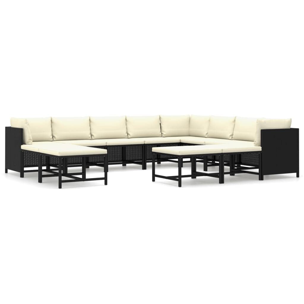 12-Piece Black Poly Rattan Patio Furniture Set with Cushions & Pillows - Outdoor Lounge Seating for Garden, Backyard, Poolside | Perfect for Relaxing, Entertaining & Sunbathing
