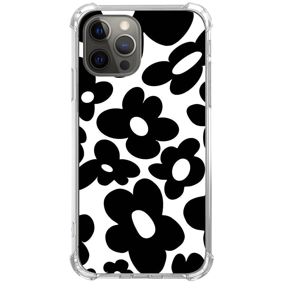 Vintage Floral iPhone 12 Pro Max Case - 70s Retro Black Flower Design, Shockproof TPU Bumper Cover with Aesthetic Vintage Vibe | Perfect for Daily Use, Travel & Fashion Accessories
