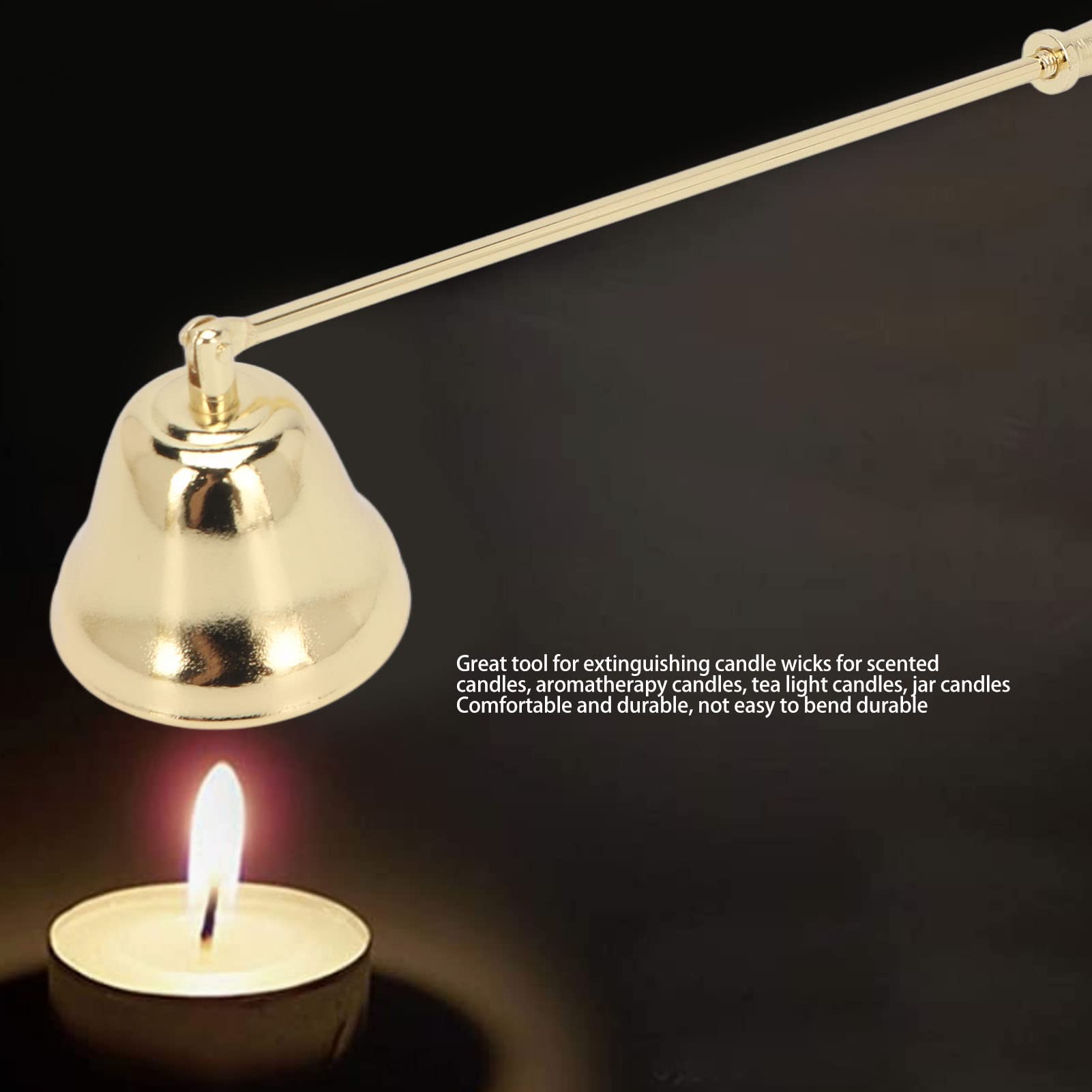 Golden Iron Plated Candle Snuffer Set with Long Handle - Bell Shape Wick Extinguisher for Home Decor, Wedding, Church & Relaxation