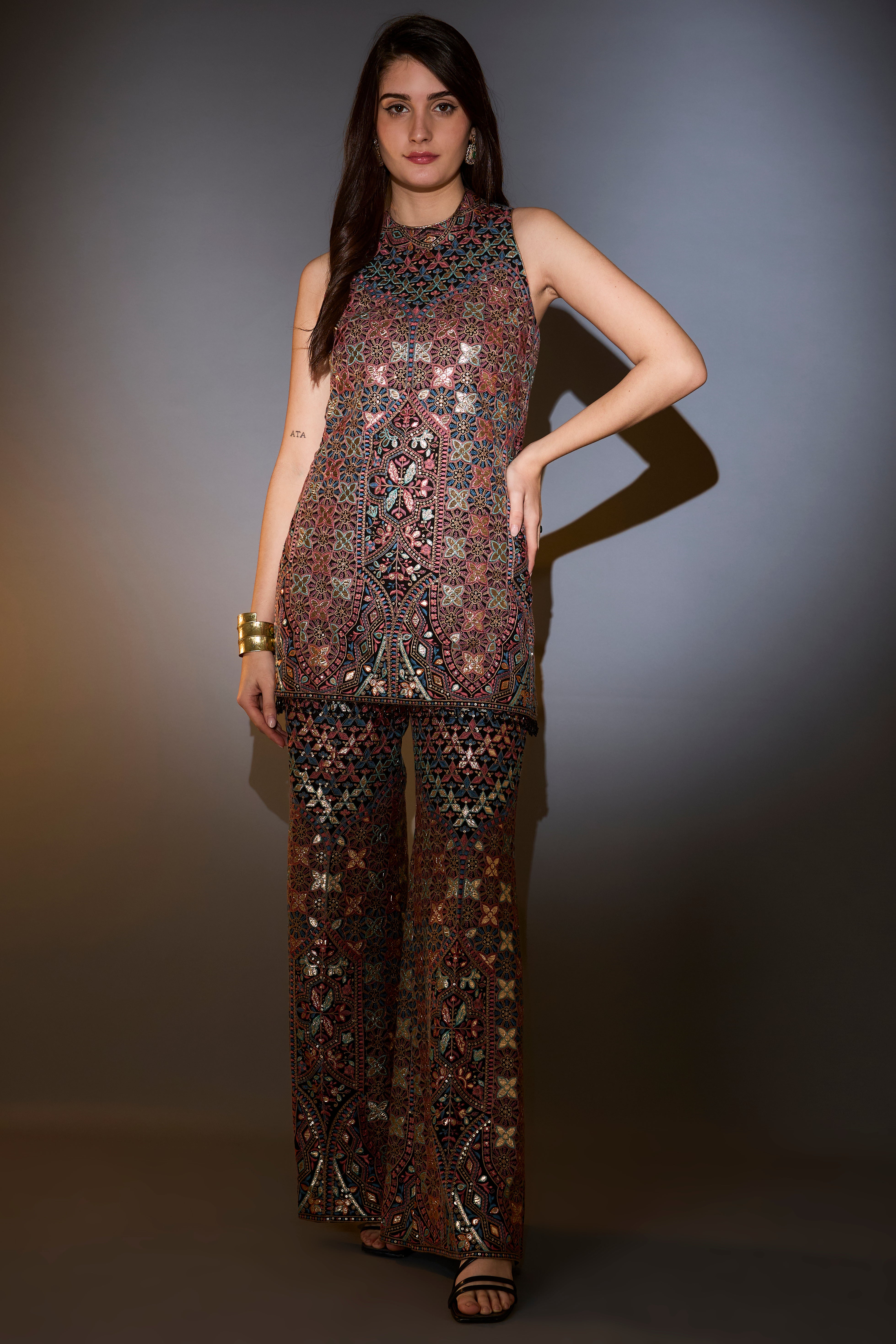 Stylish Multi-Colored Leather Patchwork Coord Set with Bootcut Trousers | Women's Fashion Outfit for Casual Wear, Office & Date Nights