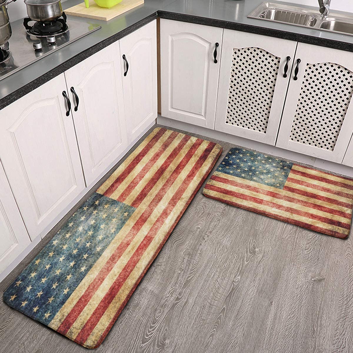 2-Pack Non-Slip Kitchen Rugs - Retro American Flag Design Washable Anti-Fatigue Mats for Sink Area, Memorial Day & 4th of July Decor - Soft Absorbent Floor Mats for Kitchen, Laundry Room, or Entryway