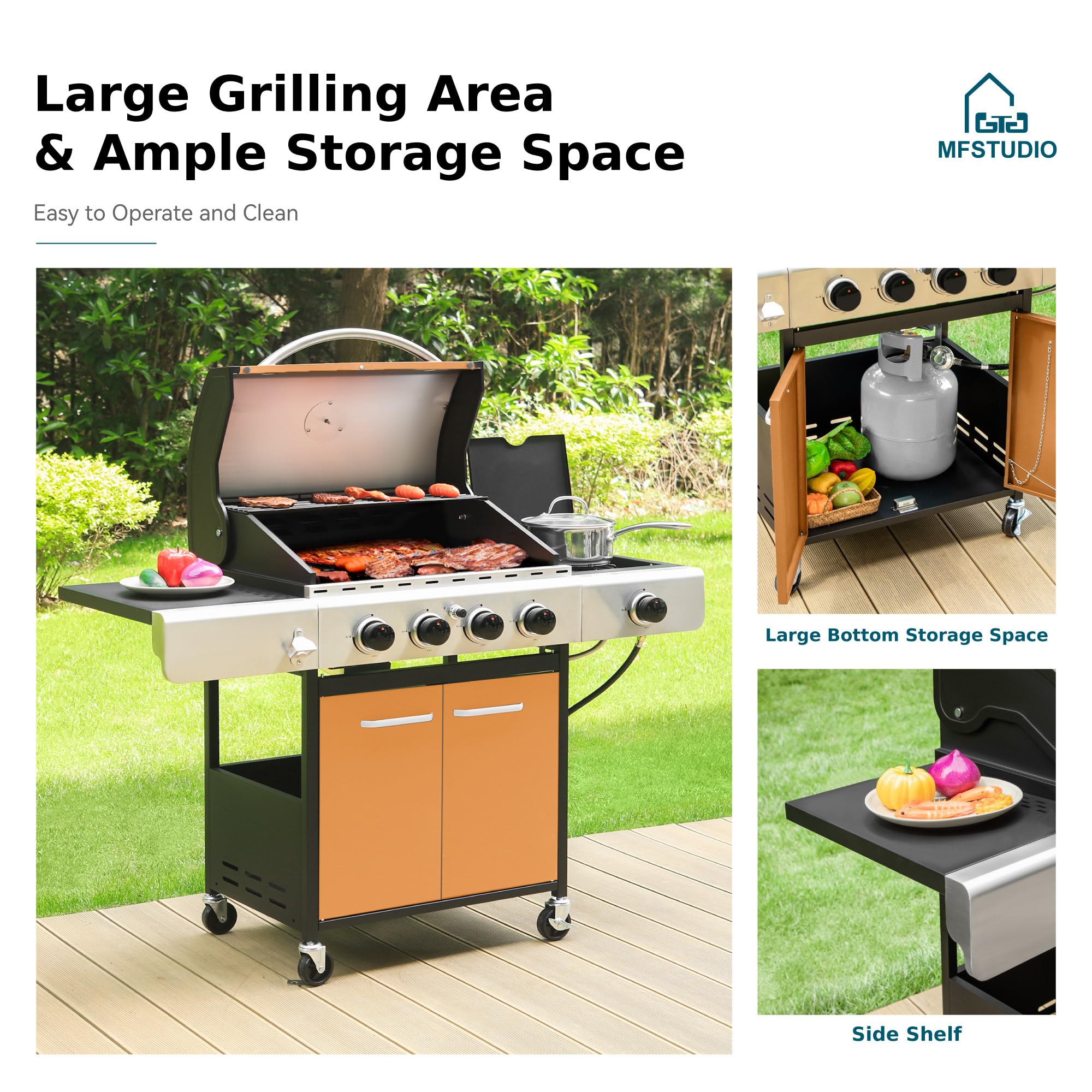 MFSTUDIO 4-Burner Propane Gas Grill - Stainless Steel BBQ Grill with Side Burner & Porcelain-Enameled Cast Iron Grates | High Output Outdoor Cooking for Backyard, Patio, Camping & Tailgating | Gold Finish