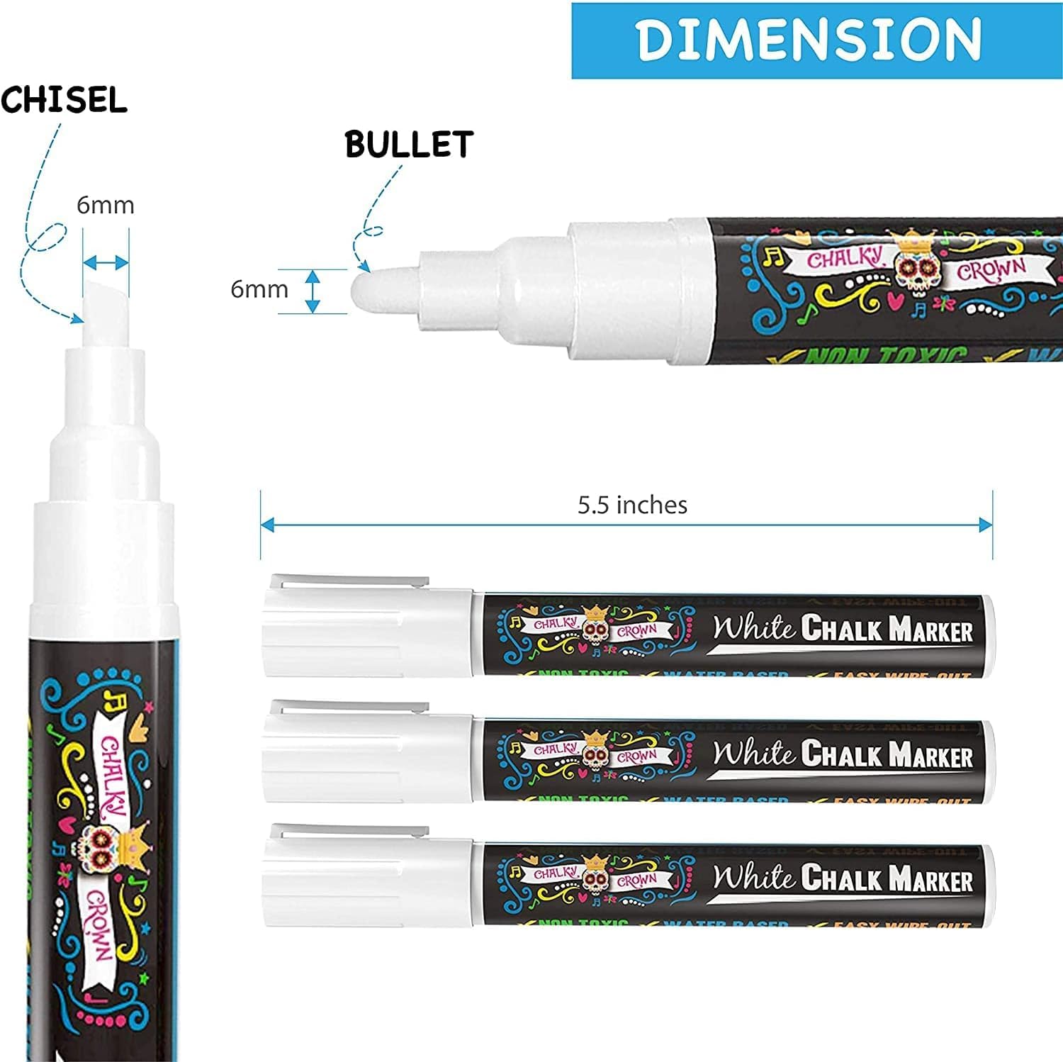 CHALKY CROWN Liquid Chalk Markers - 6mm Reversible Tip White Chalk Pens for Chalkboard, Blackboard, Glass, Windows - Perfect for Signs, Menus, Labels & DIY Projects (5 Pack)