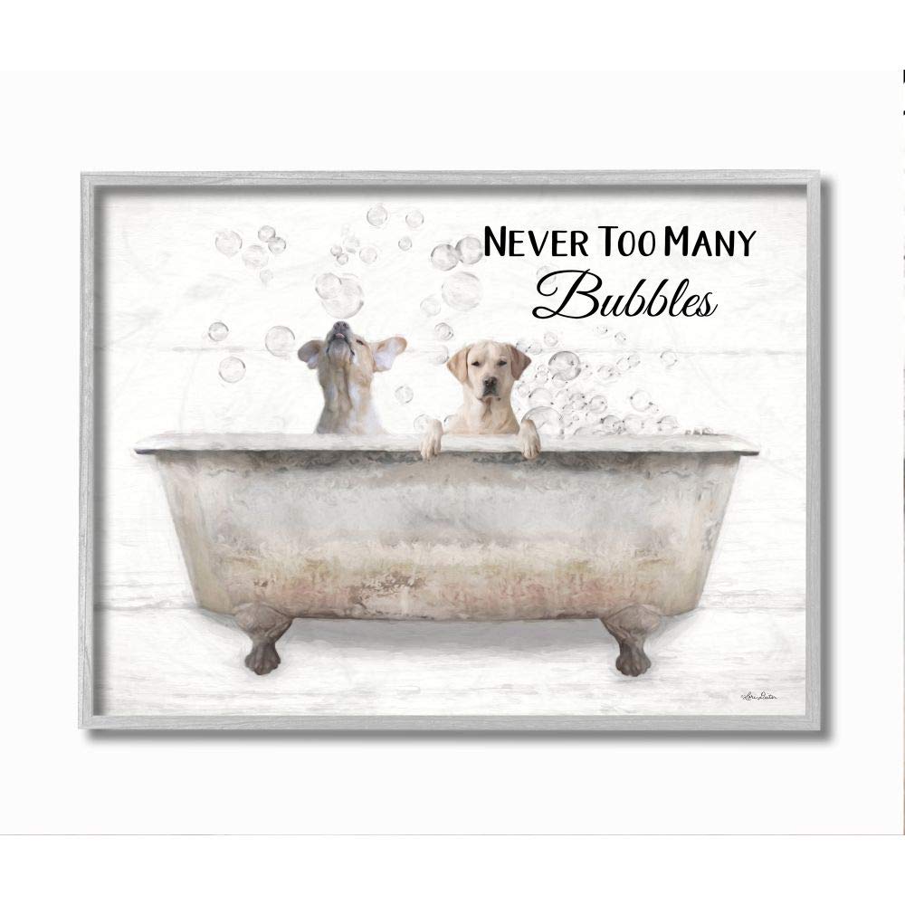 Stupell Industries 'Never Too Many Bubbles' Quote Family Pet Dog Bath Wall Art - 11x14 Grey Framed Canvas by Lori Deiter | Perfect for Bathroom Decor, Dog Lover Gifts & Pet-Friendly Home Decor