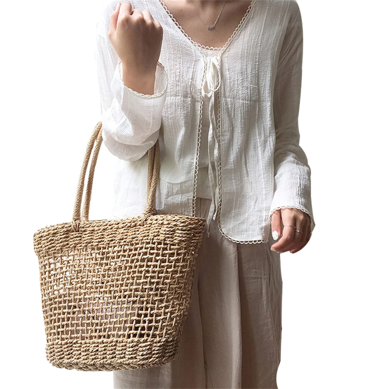 Elegant Women's Woven Drawstring Top Handle Handbag - Fashionable Hollow Design Ladies Purse for Work, Shopping & Evening Events
