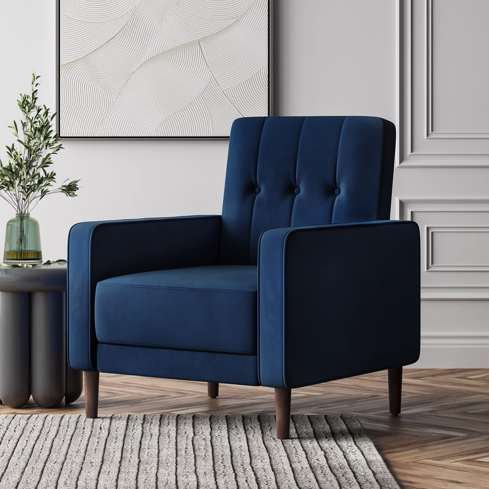 BELLEZE Mid Century Modern Accent Chair - Velvet Upholstered Armchair with Button Tufted Back, Comfy Lounge Reading Chair for Living Room & Bedroom - Navy Blue Valencia Style | Perfect for Small Spaces, Apartments and Cozy Corners