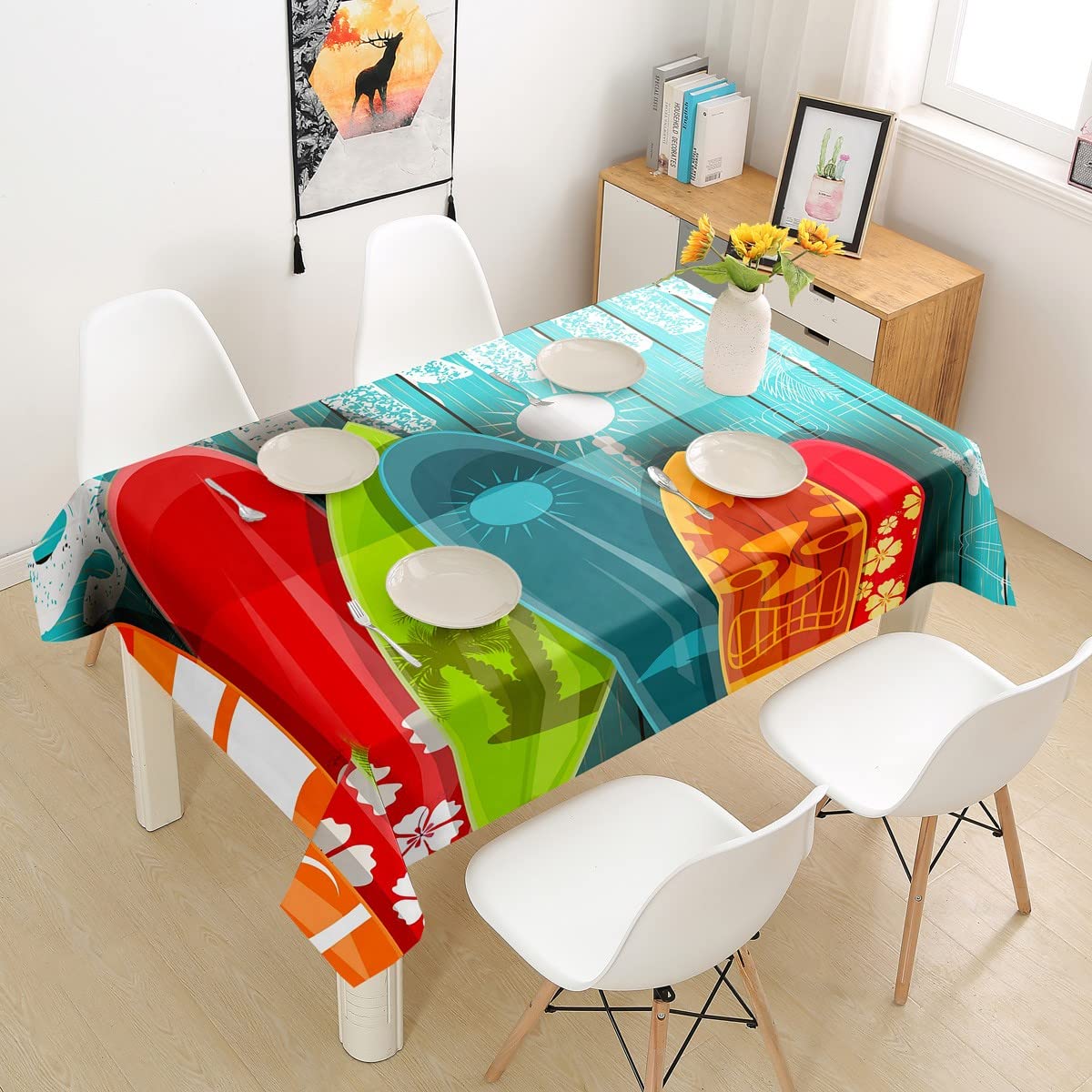 Colorful Surfboard Print Waterproof Rectangular Tablecloth - Wrinkle & Stain Resistant Kitchen Dining Table Cover (55x94 Inch) - Perfect for Summer Parties, Beach Themed Decor & Outdoor Dining