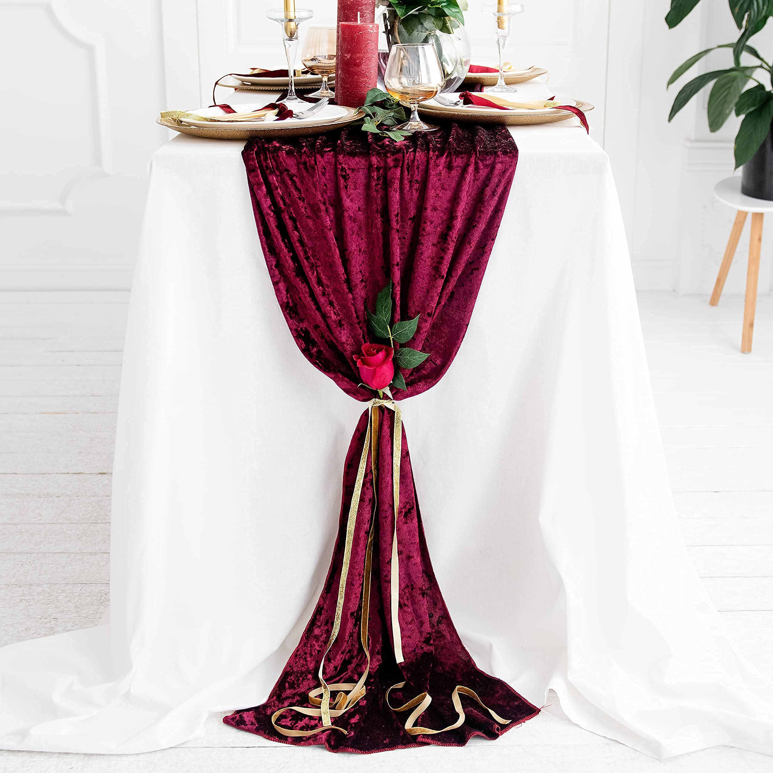 118 Inch Long Burgundy Velvet Table Runner - Elegant Maroon Tablecloth & Wedding Table Decoration for Dining, Party Backdrop, or Centerpiece Decor
