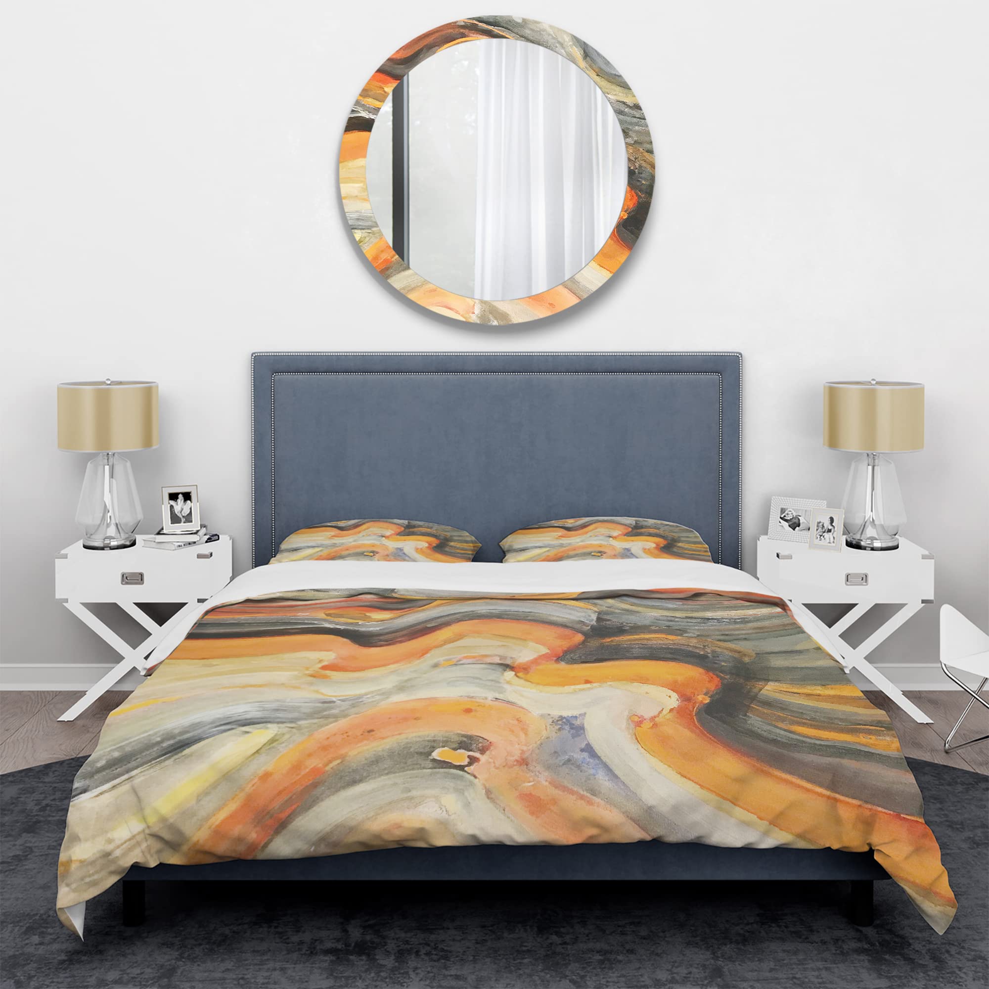 DesignQ Abstract Gilded Orange Waves Modern Duvet Cover Set - Queen Size Gold Bedding Set with 3 Pieces (Duvet Cover + 2 Pillowcases) - Contemporary All-Season Luxury Bedding for Master Bedroom, Guest Room & Hotel Decor