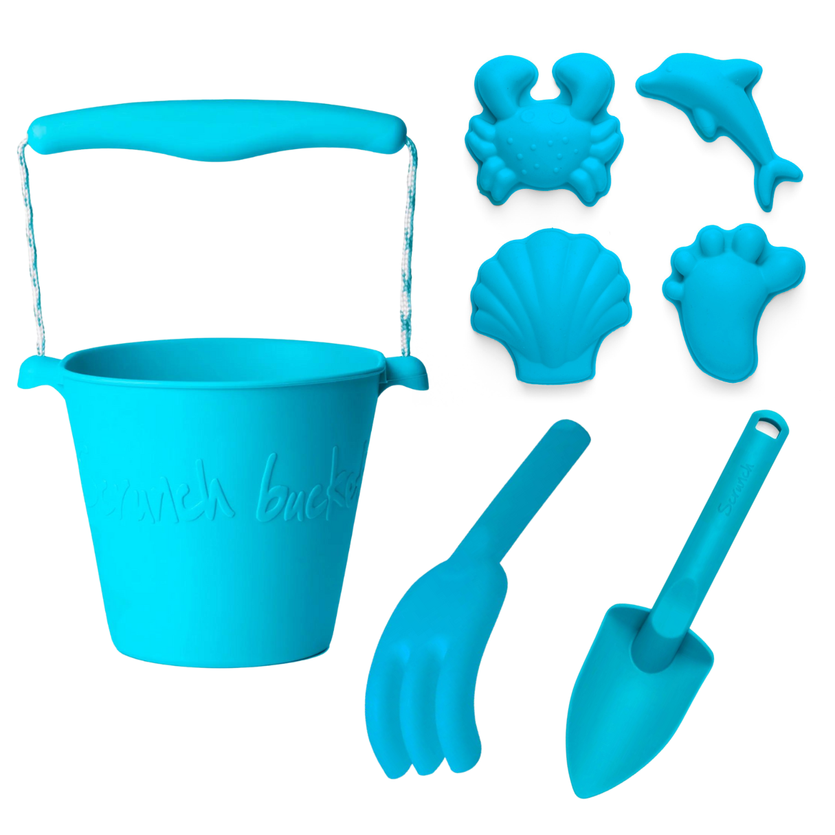 Blue Fish Scrunch Beach Bundle Set with Bucket, Spade, Rake & Sand Molds - Perfect for Kids Beach Toys, Sandcastle Building & Summer Outdoor Play